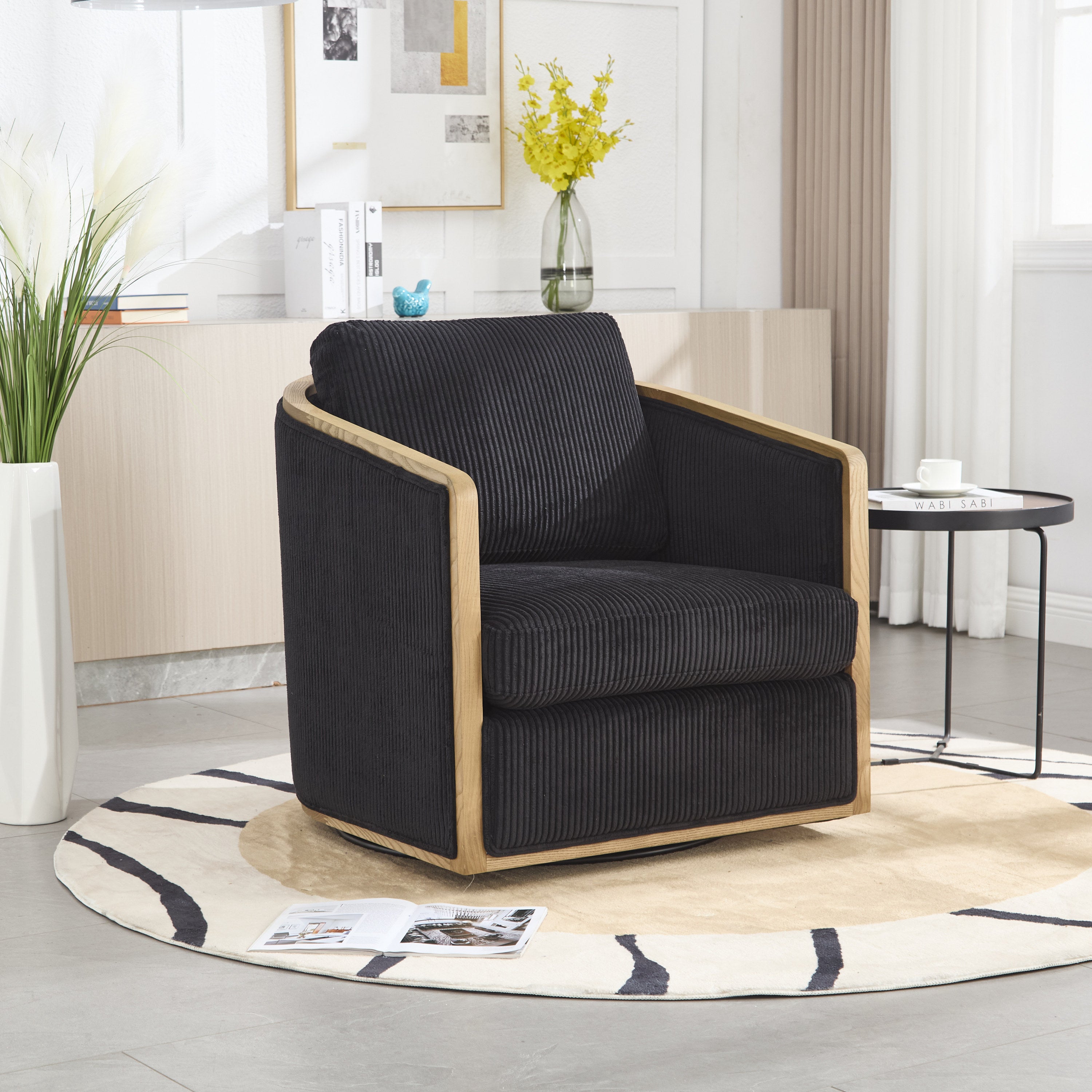 Schrazade Black Corduroy Swivel Barrel Chair with 360° Rotation and Foam Cushion - MidinMod