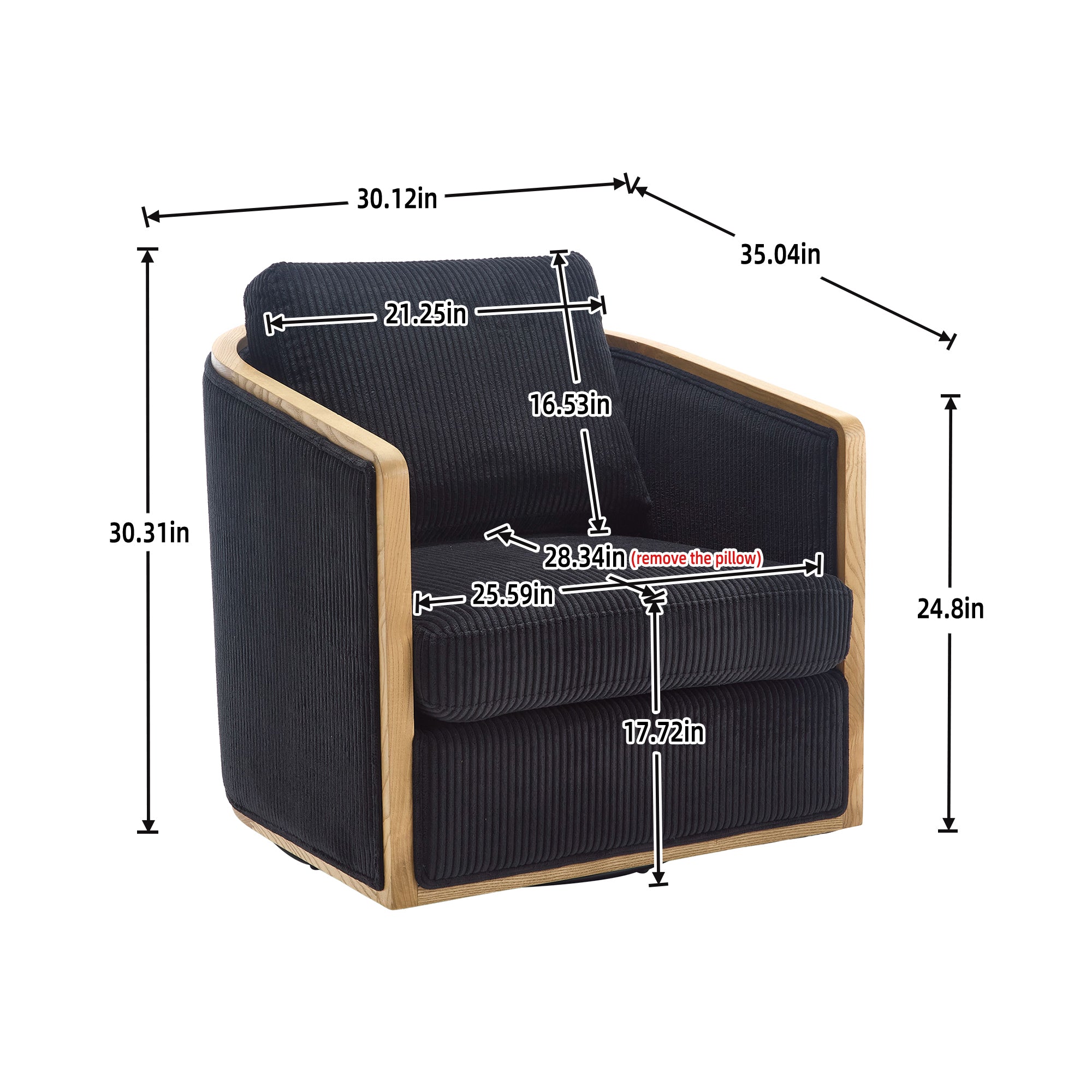 Schrazade Black Corduroy Swivel Barrel Chair with 360° Rotation and Foam Cushion - MidinMod