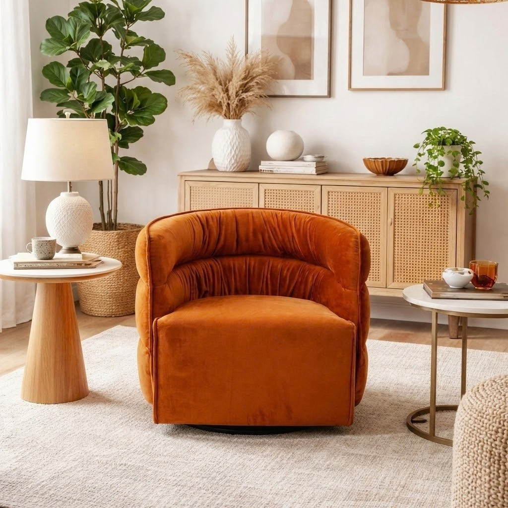 Shamrock Mid-Century Modern Burnt Orange Velvet Swivel Chair | MidinMod