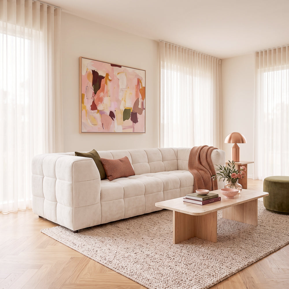 Tacoma Beige Boucle Sofa | Modern Biscuit Tufted Japandi Couch