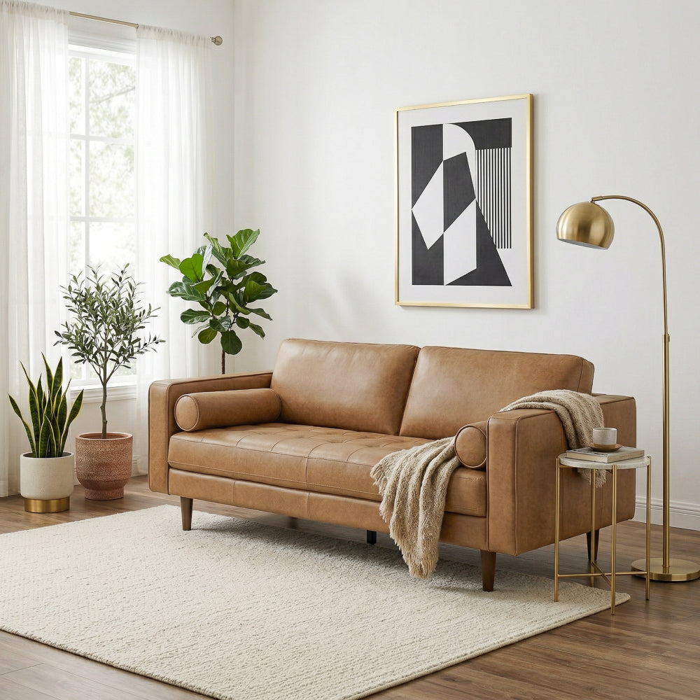 Tessa Mid-Century Modern Genuine Tan Leather Loveseat | Italian Craftsmanship | MidinMod