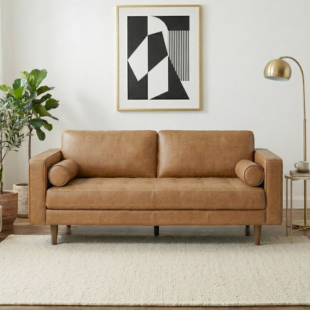 Tessa Mid-Century Modern Genuine Tan Leather Loveseat | Italian Craftsmanship | MidinMod
