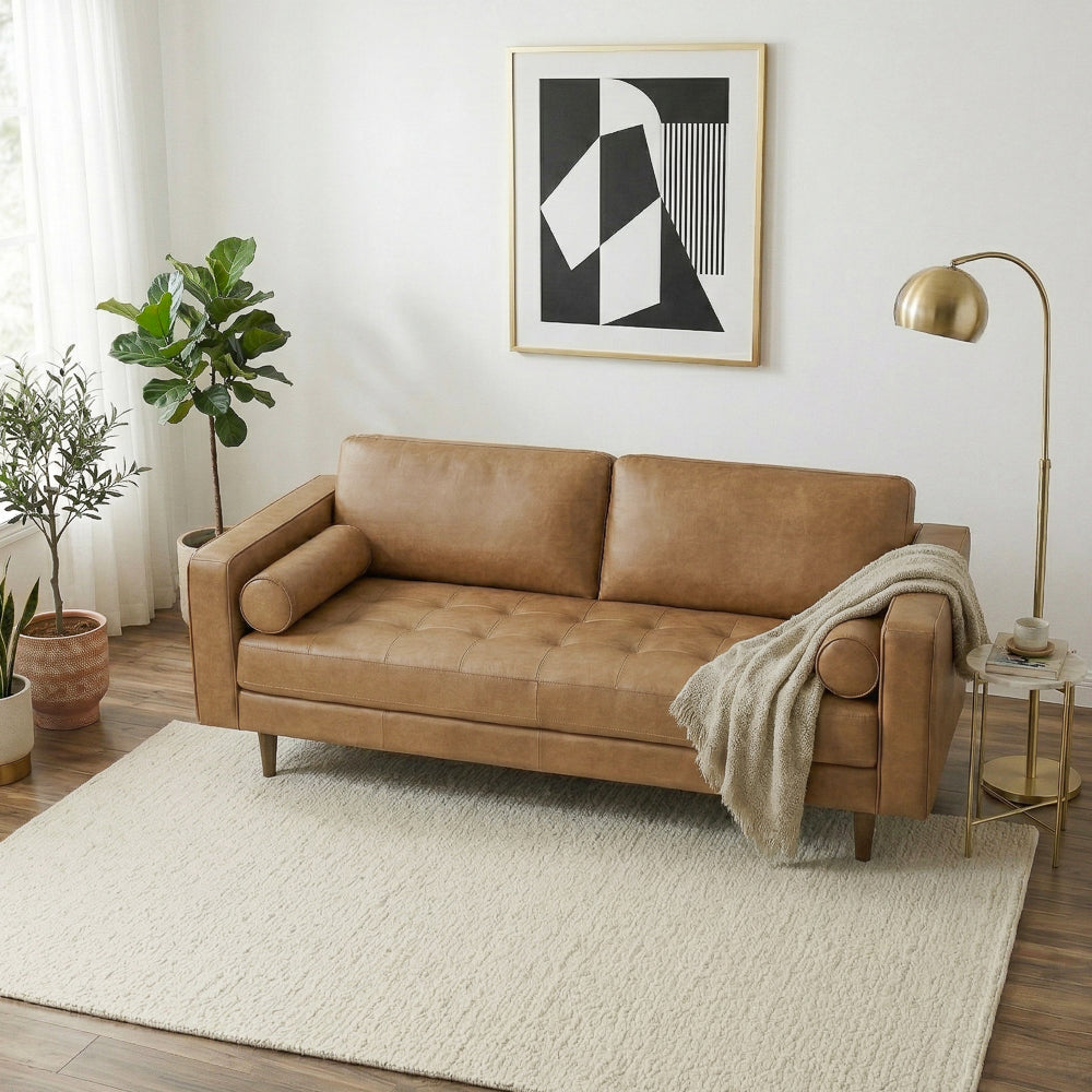 Tessa Mid-Century Modern Genuine Tan Leather Loveseat | Italian Craftsmanship | MidinMod