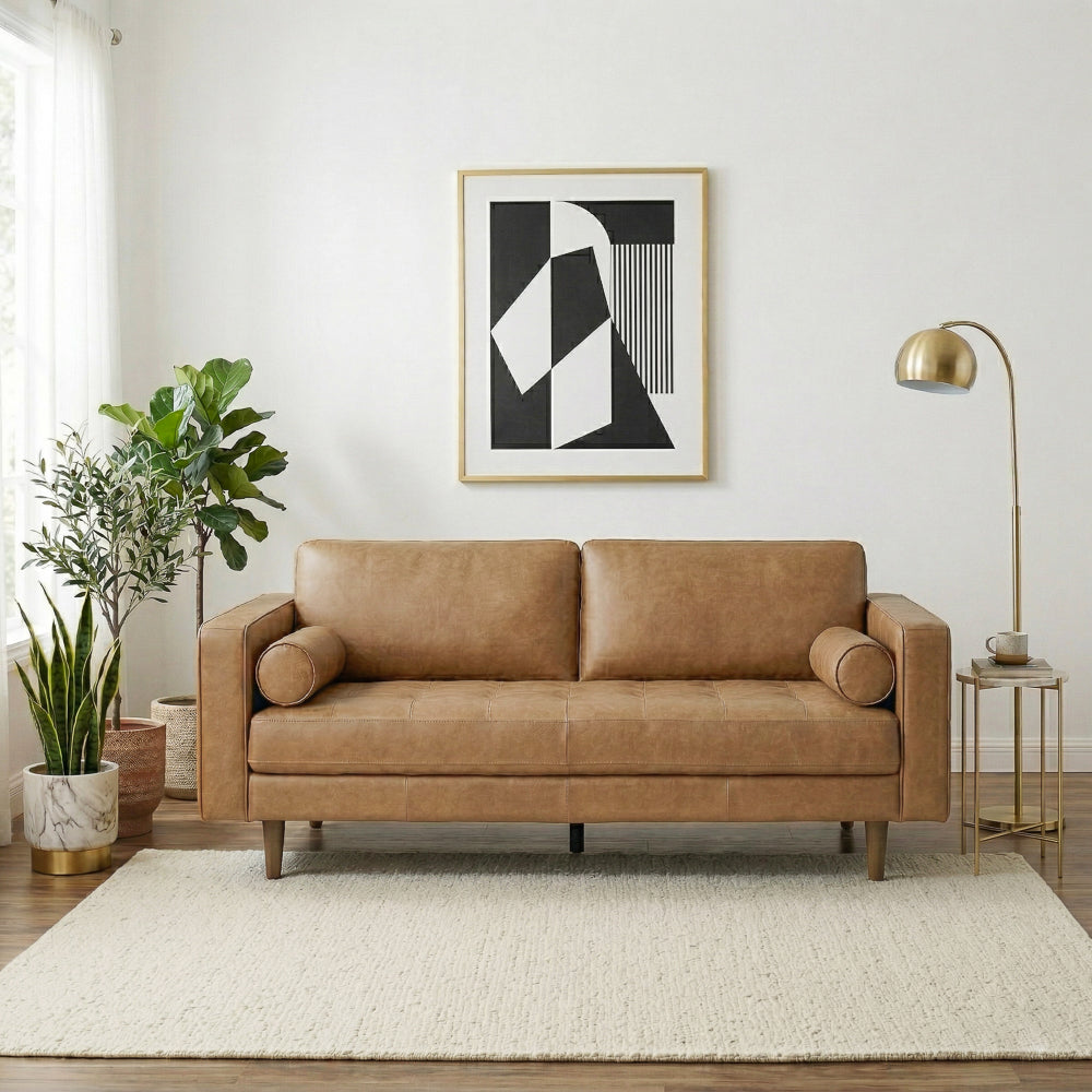 Tessa Mid-Century Modern Genuine Tan Leather Loveseat | Italian Craftsmanship | MidinMod