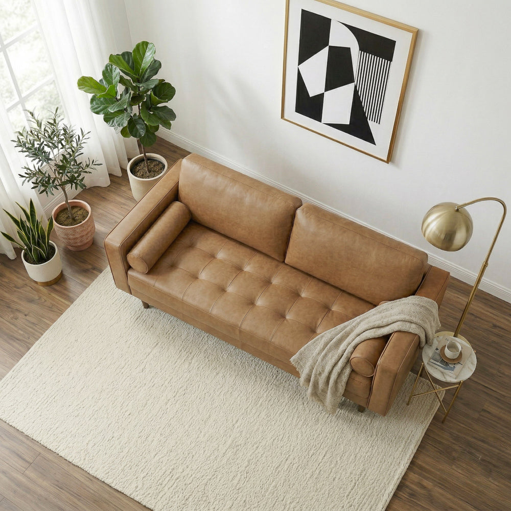 Tessa Mid-Century Modern Genuine Tan Leather Loveseat | Italian Craftsmanship | MidinMod