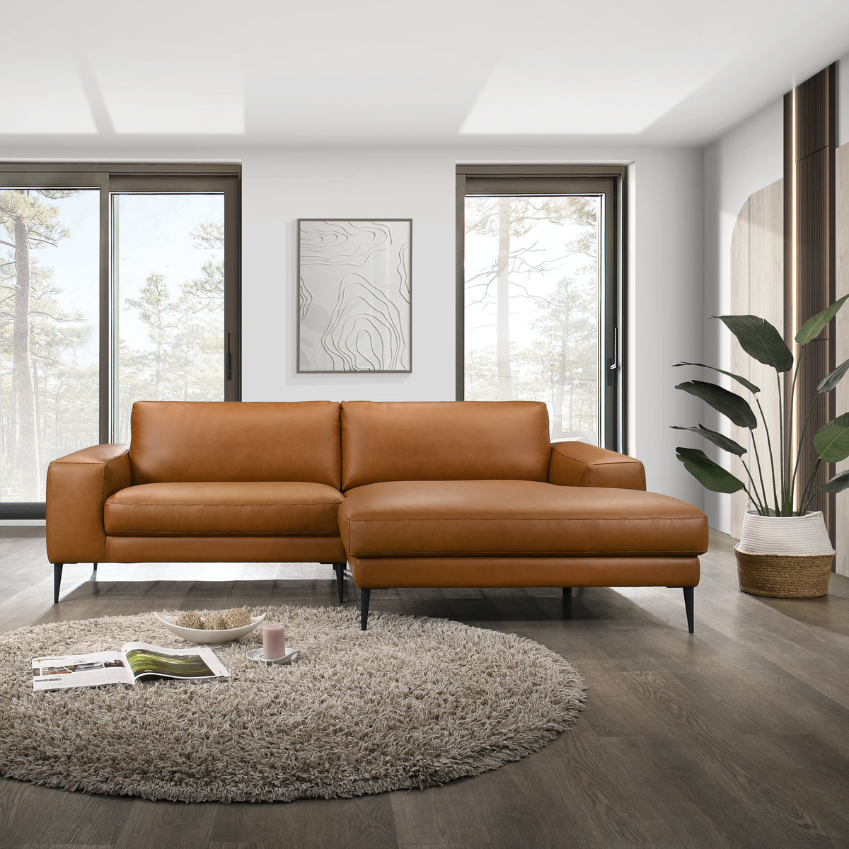Walton Right-Facing Cognac Vegan Leather Sectional Sofa - MidinMod