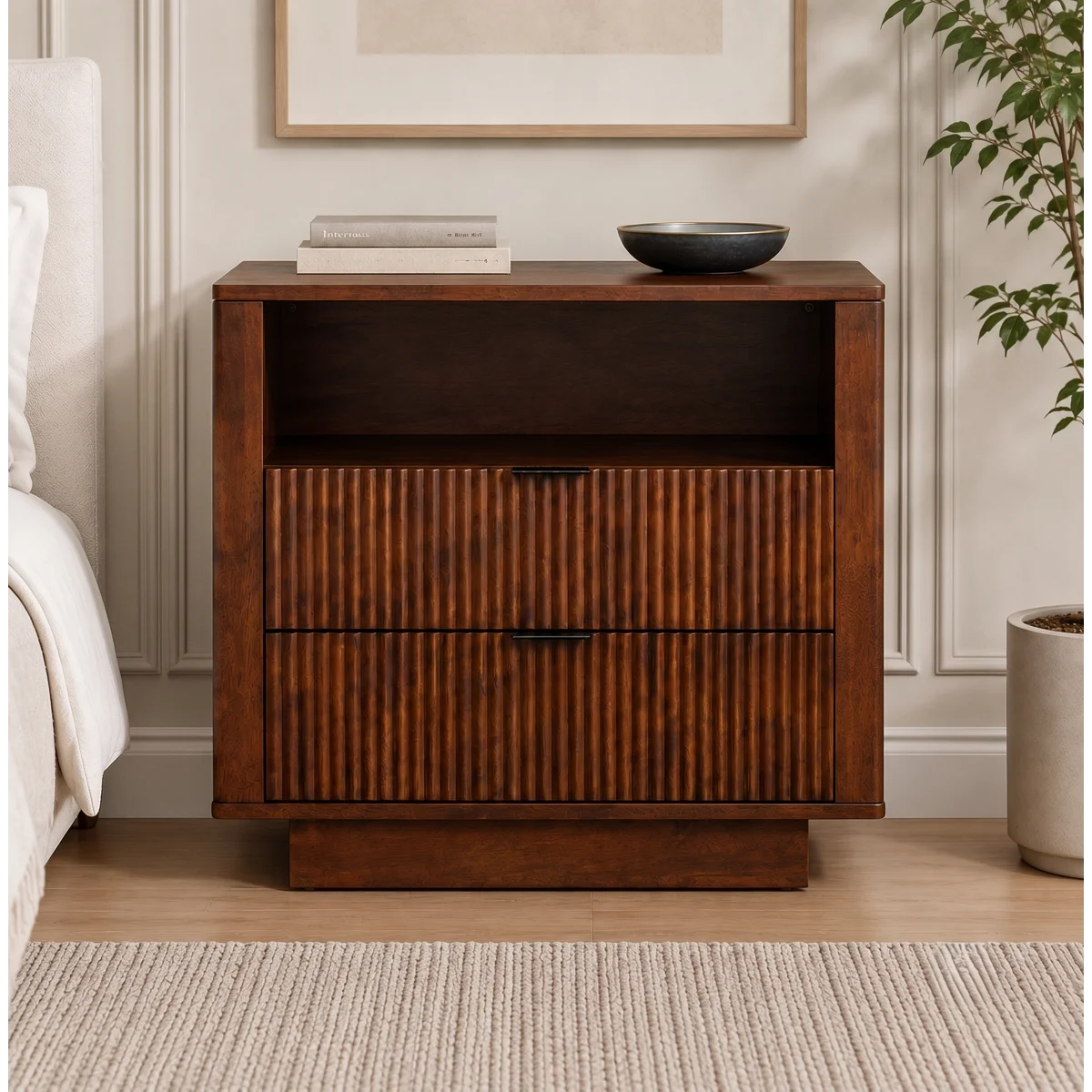 Webster 2 Drawers Solid Wood Nightstand in Walnut | MidinMod