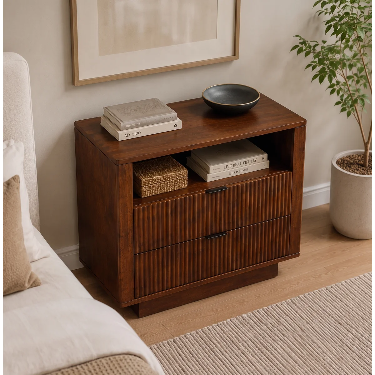 Webster 2 Drawers Solid Wood Nightstand in Walnut | MidinMod