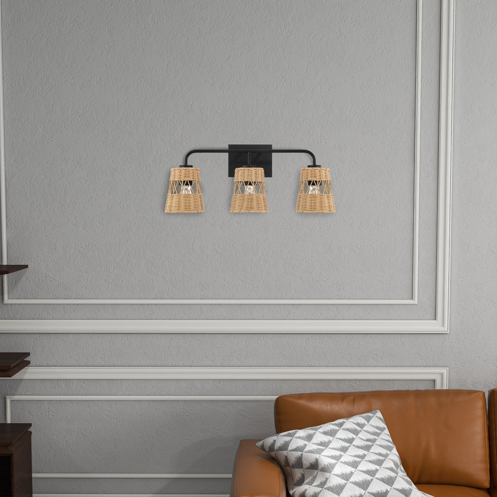 Moonlit Three Lights Wall Sconce With Rattan Shade, Bathroom Lighting Fixtures Over Mirror - MidinMod