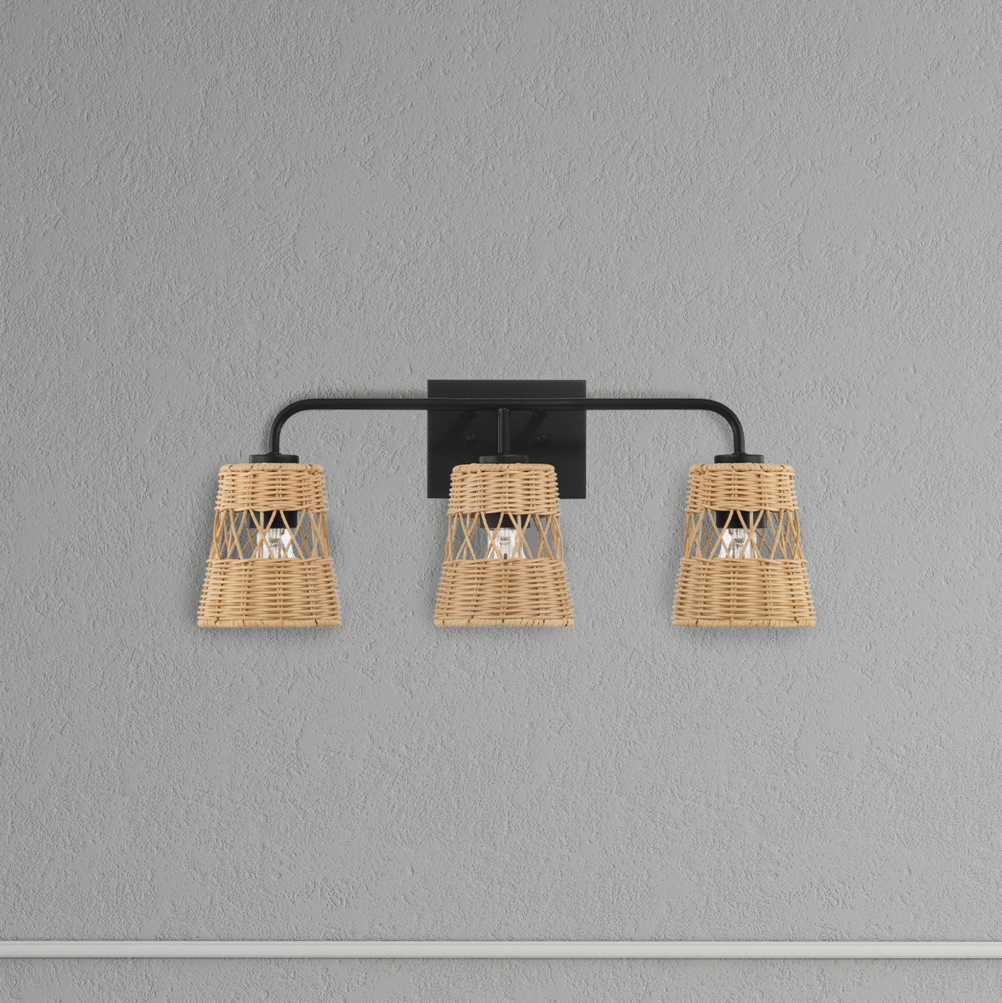 Moonlit Three Lights Wall Sconce With Rattan Shade, Bathroom Lighting Fixtures Over Mirror - MidinMod