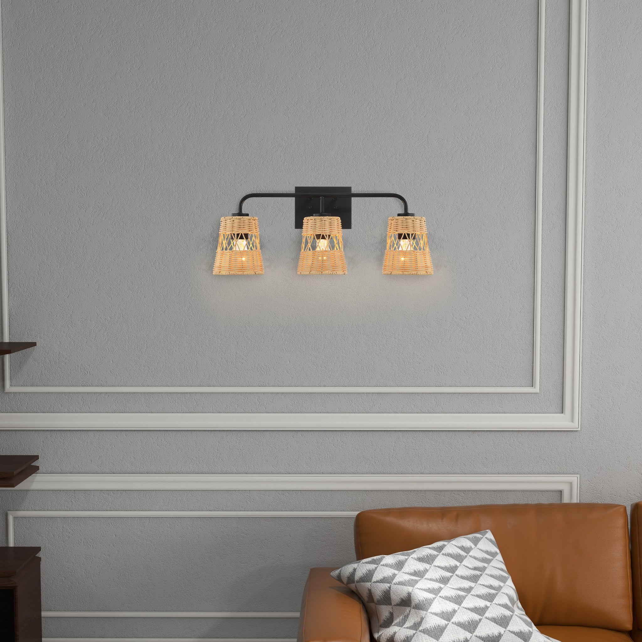 Moonlit Three Lights Wall Sconce With Rattan Shade, Bathroom Lighting Fixtures Over Mirror - MidinMod