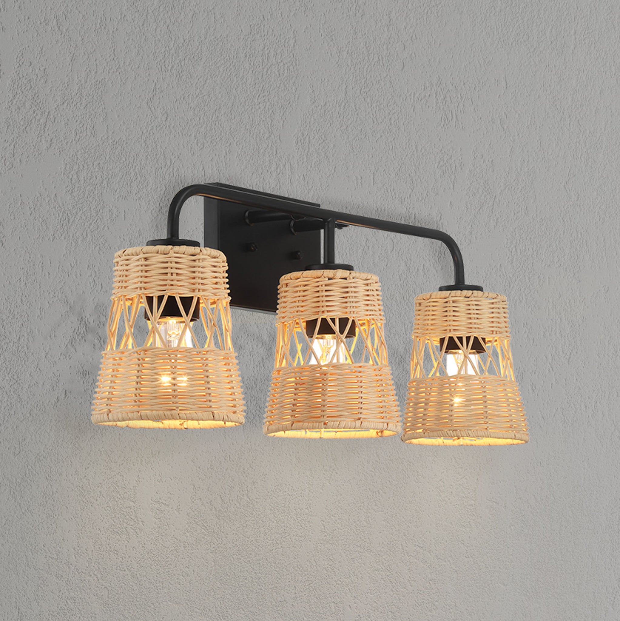 Moonlit Three Lights Wall Sconce With Rattan Shade, Bathroom Lighting Fixtures Over Mirror - MidinMod