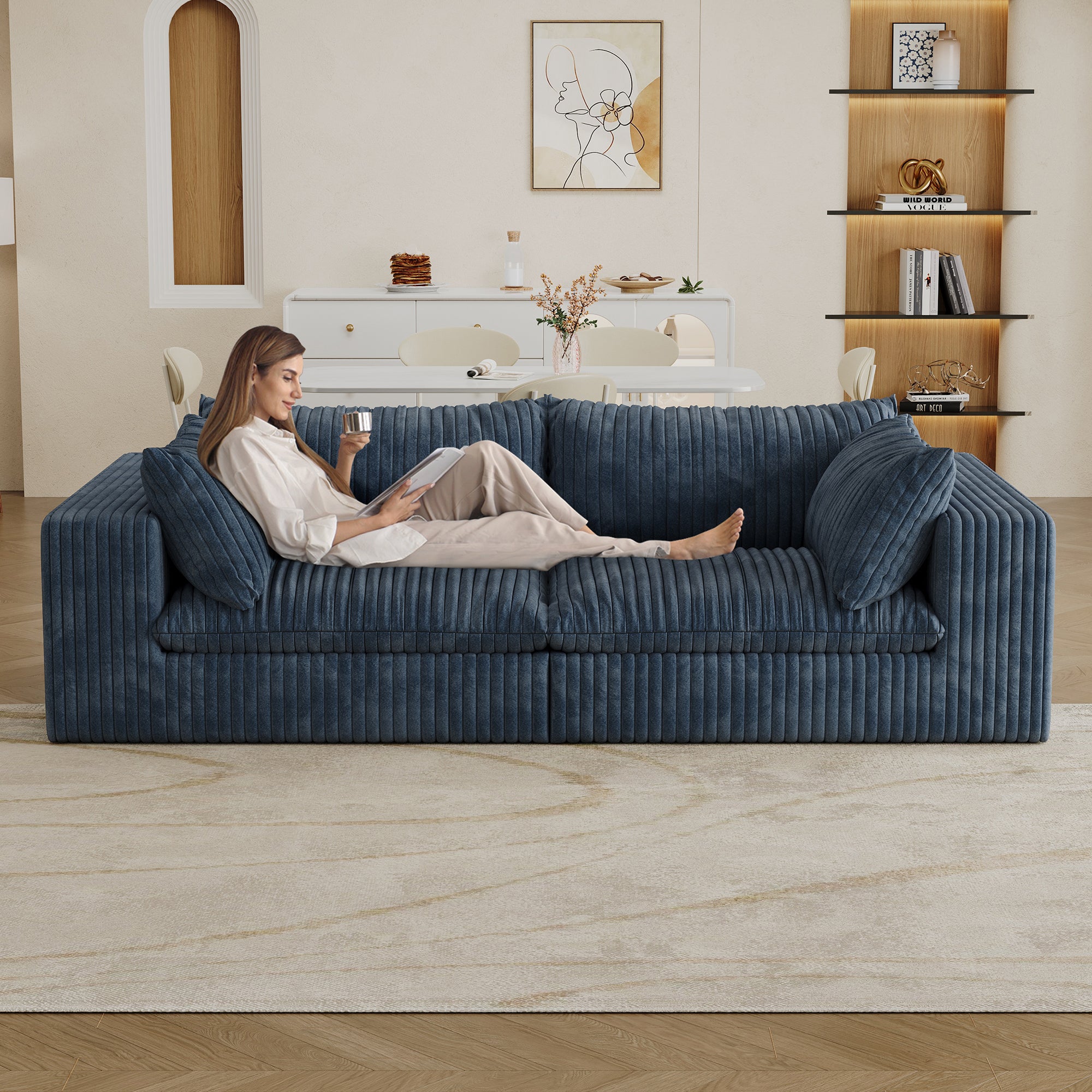 Norre Blue Modular Fabric Sofa with Feather-Filled Cushions and Sponge Support - MidinMod