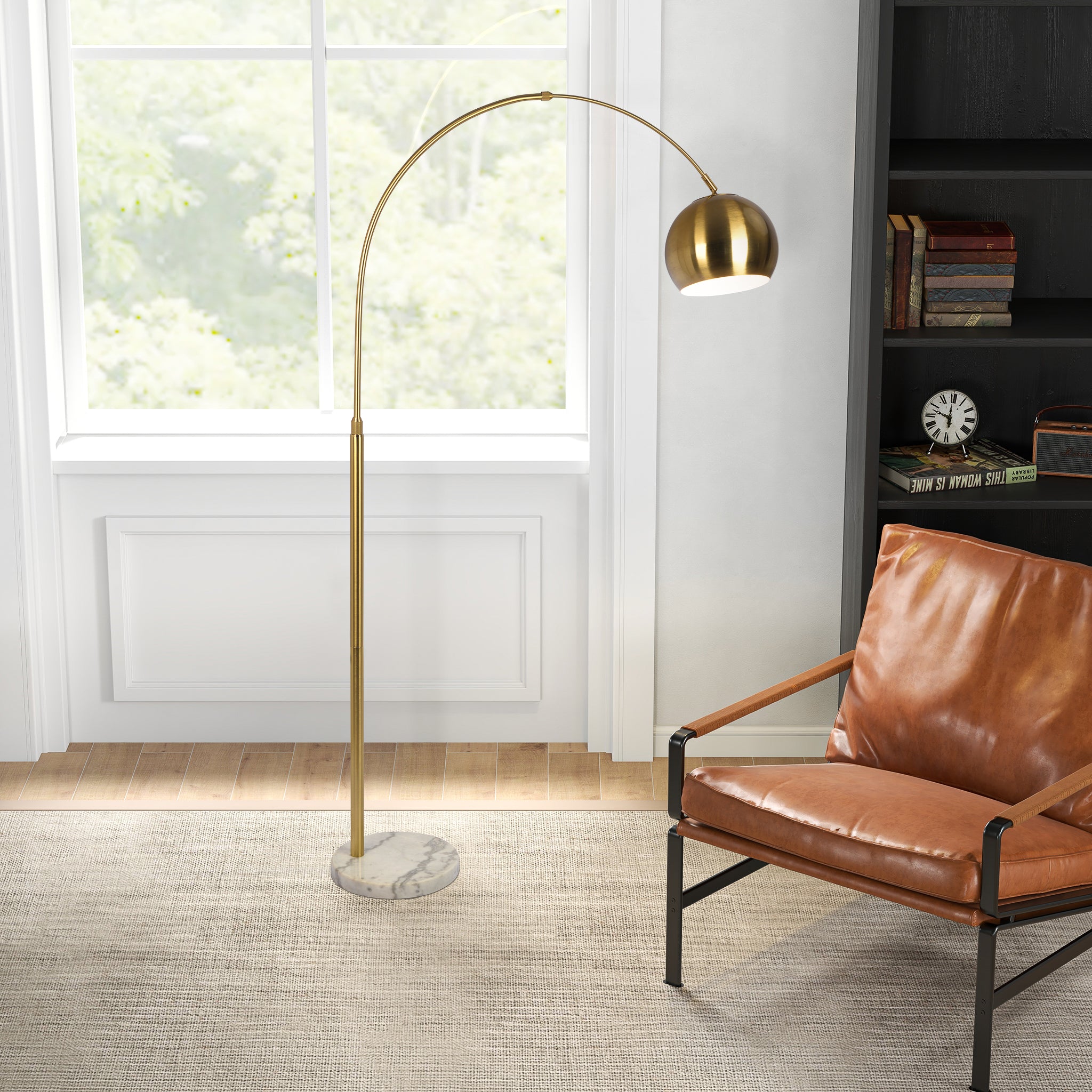 Oasis Long Arm Gold Brass Adjustable Floor Lamp with Round White Marble Base - MidinMod