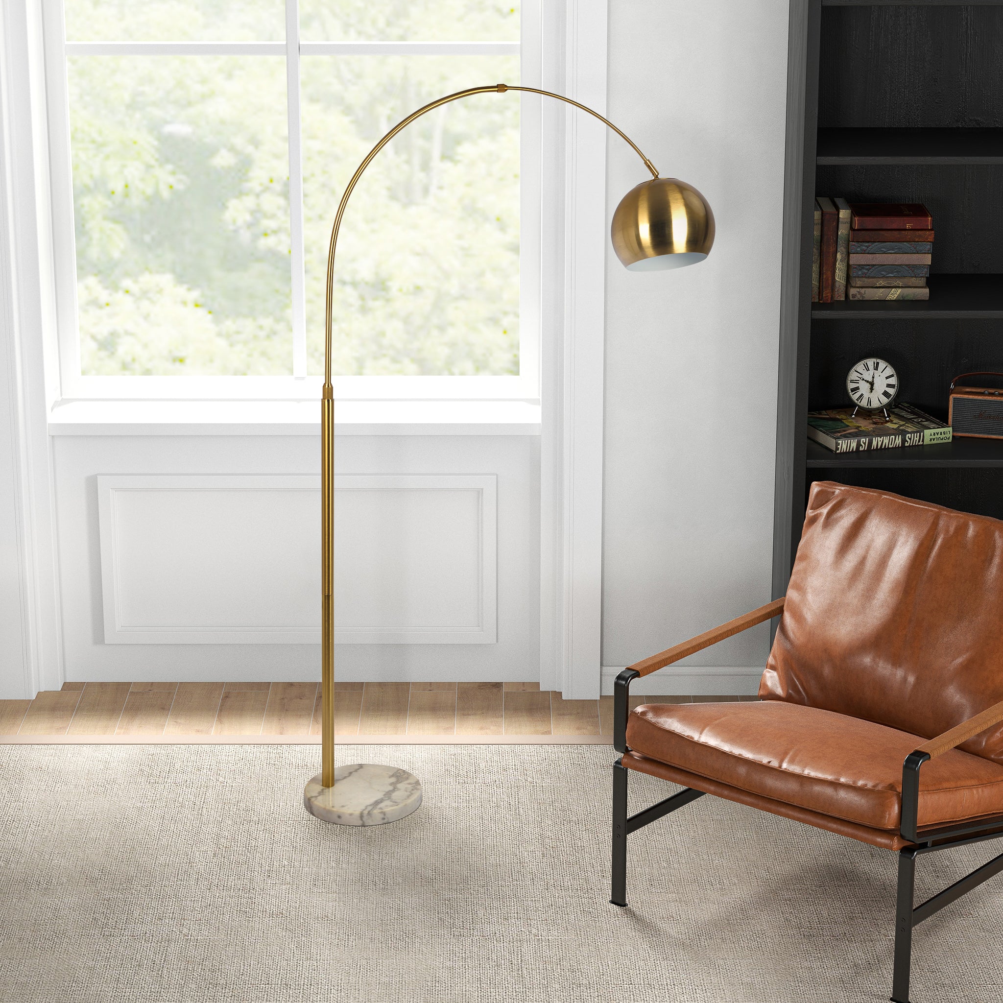 Oasis Long Arm Gold Brass Adjustable Floor Lamp with Round White Marble Base - MidinMod