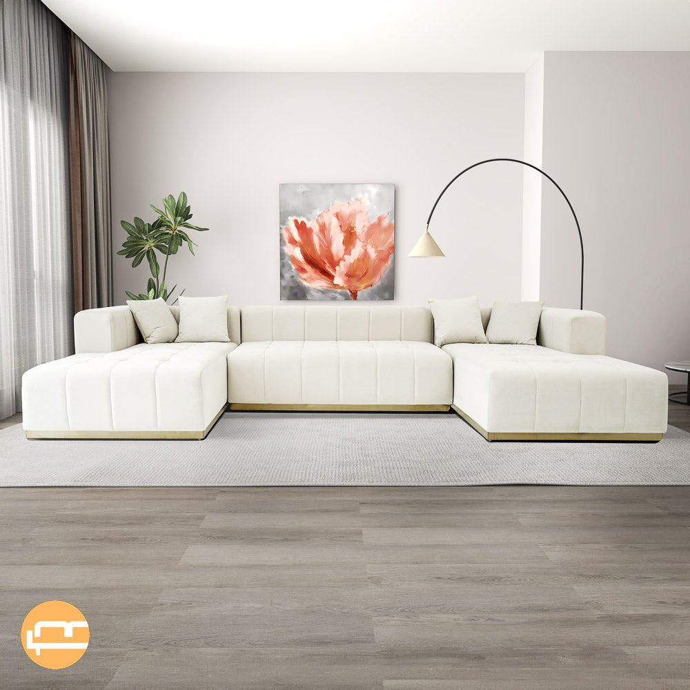 Olivia Cream Velvet U-Shape Corner Sofa - MidinMod