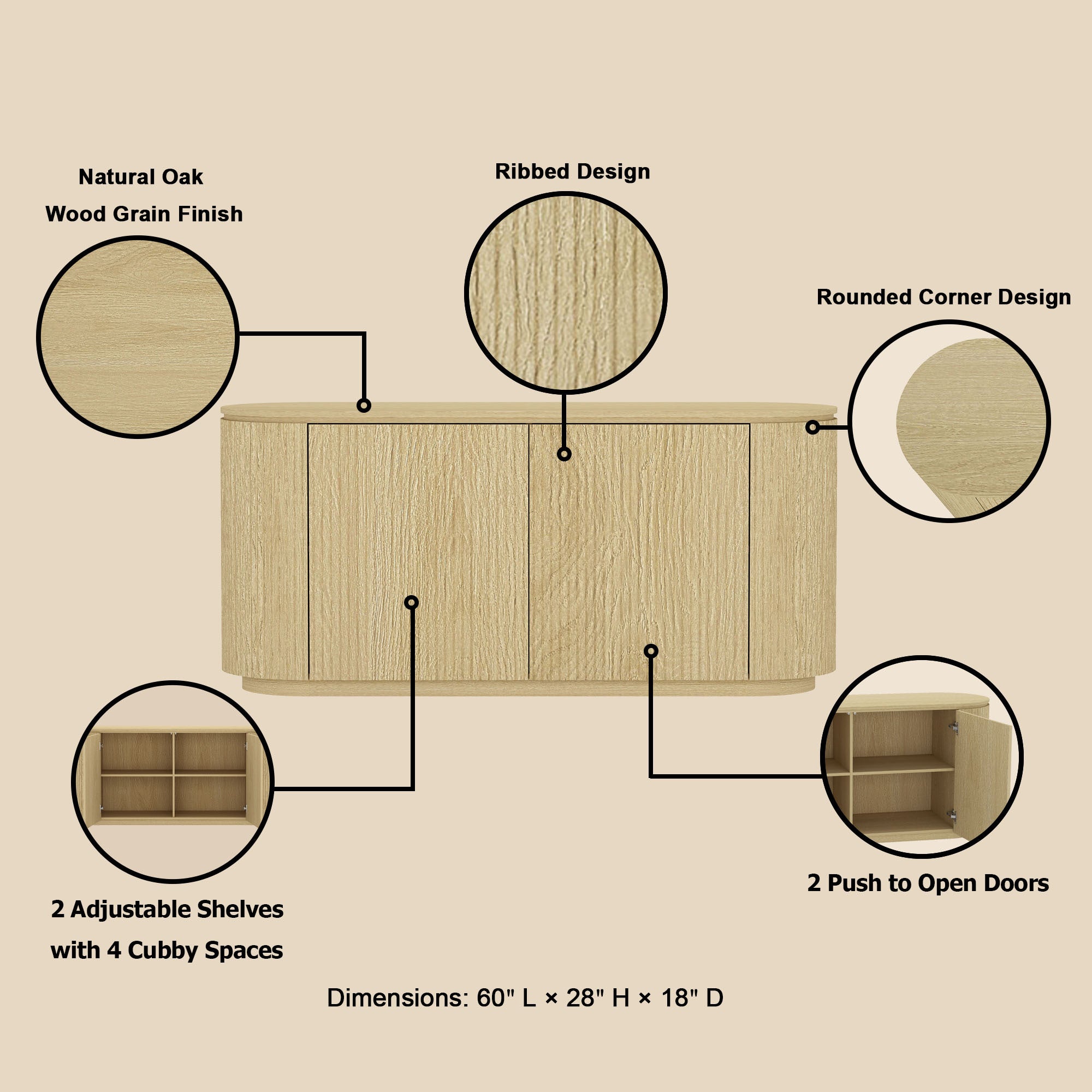 Olivia 60" Natural Oak Sideboard | Modern Wood Buffet & Storage Cabinet | MidinMod