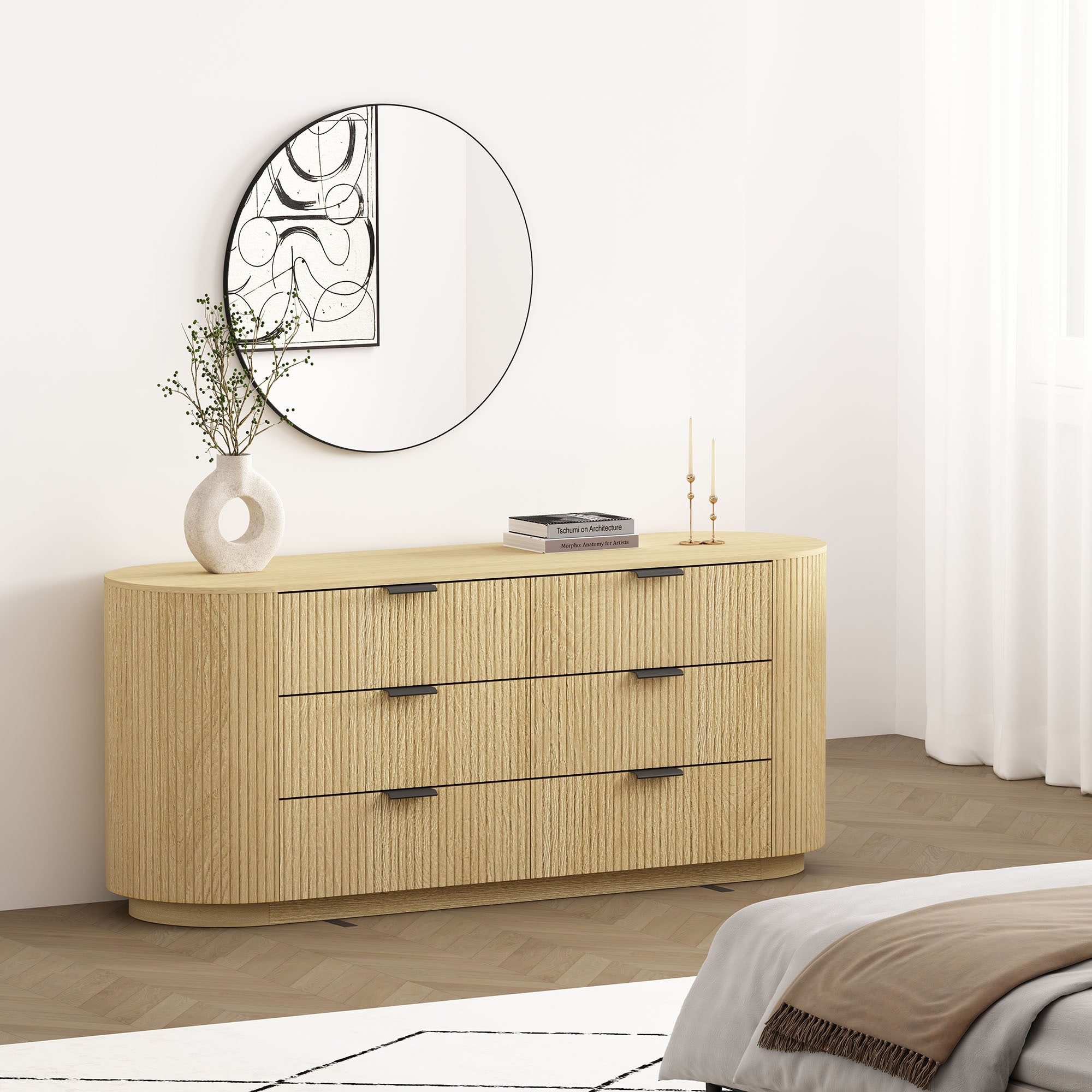 Olivia 71.3" Natural Oak & Gold Double Dresser | Modern Solid Wood Storage Chest | MidinMod