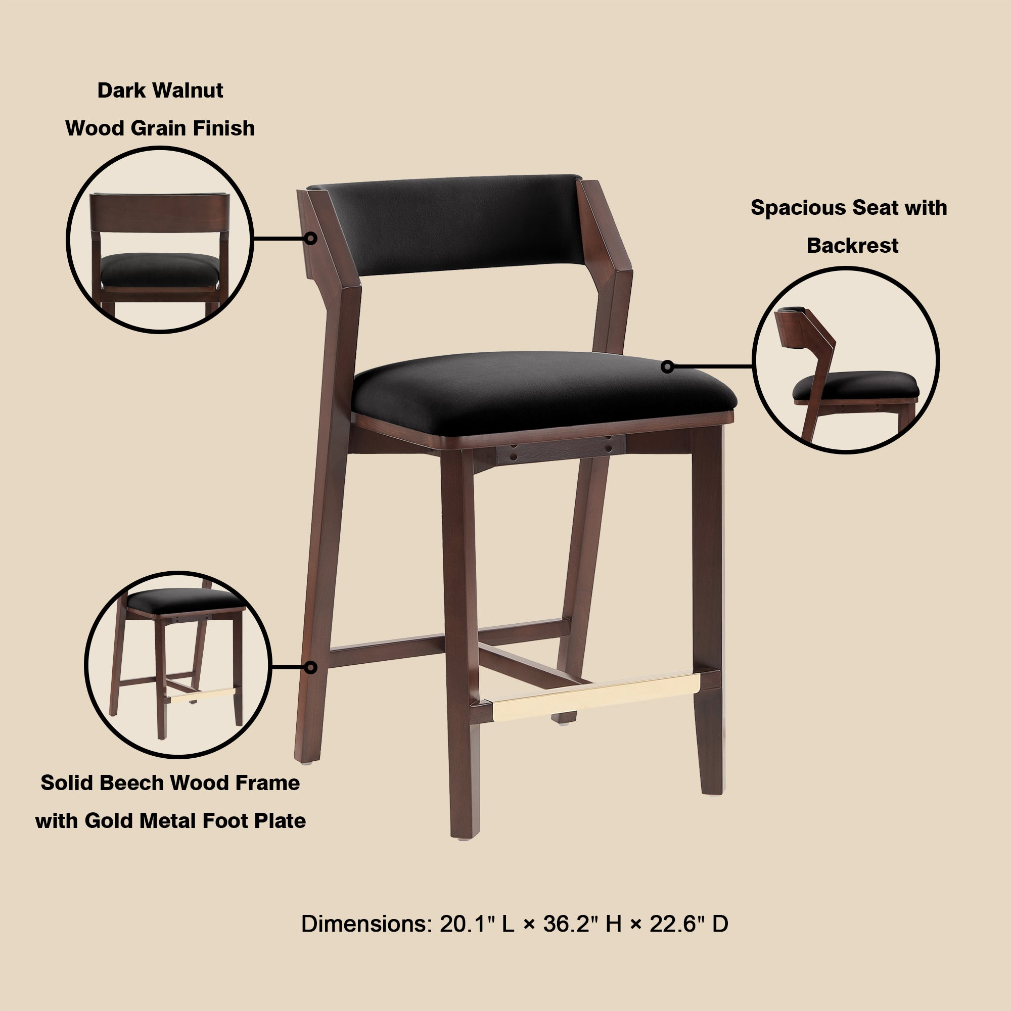 Patricia Velvet Counter Stool with Backrest - Black | MidinMod