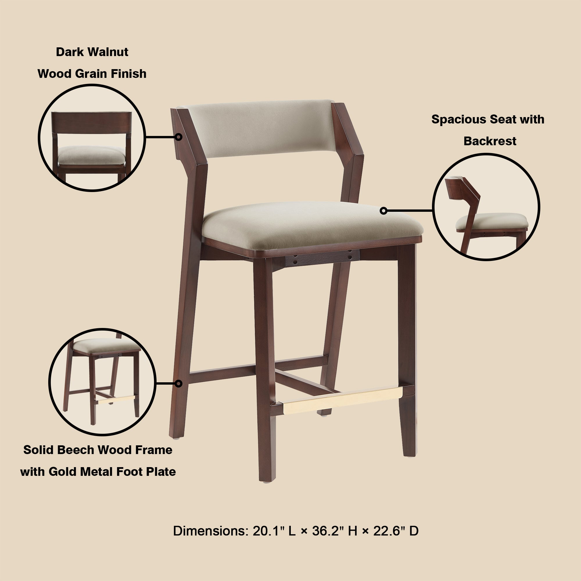 Patricia Velvet&nbsp; Modern Counter Stool with Backrest - Linen | MidinMod