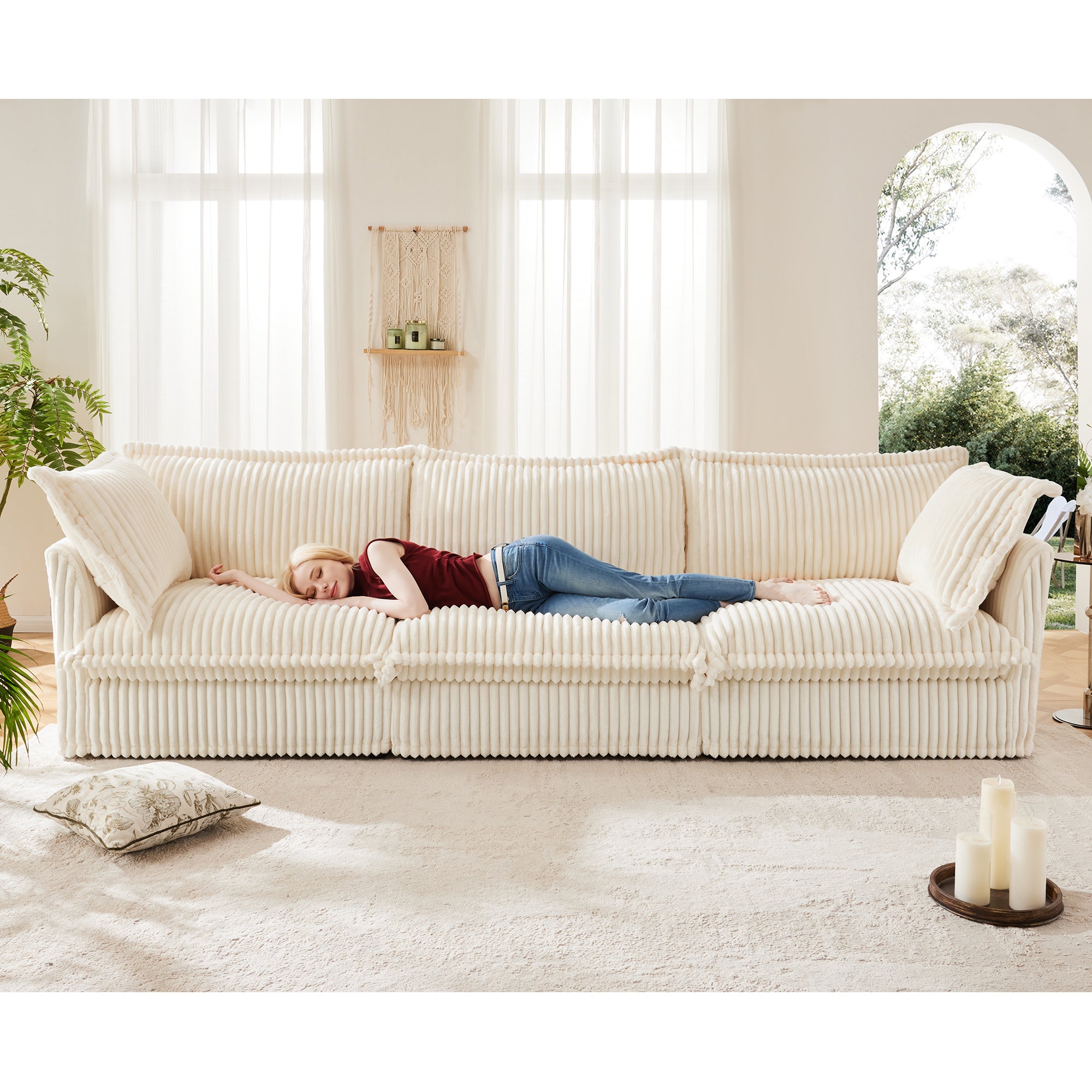 Pierce Modern Cream Corduroy 3-Seater Cloud Sofa - MidinMod