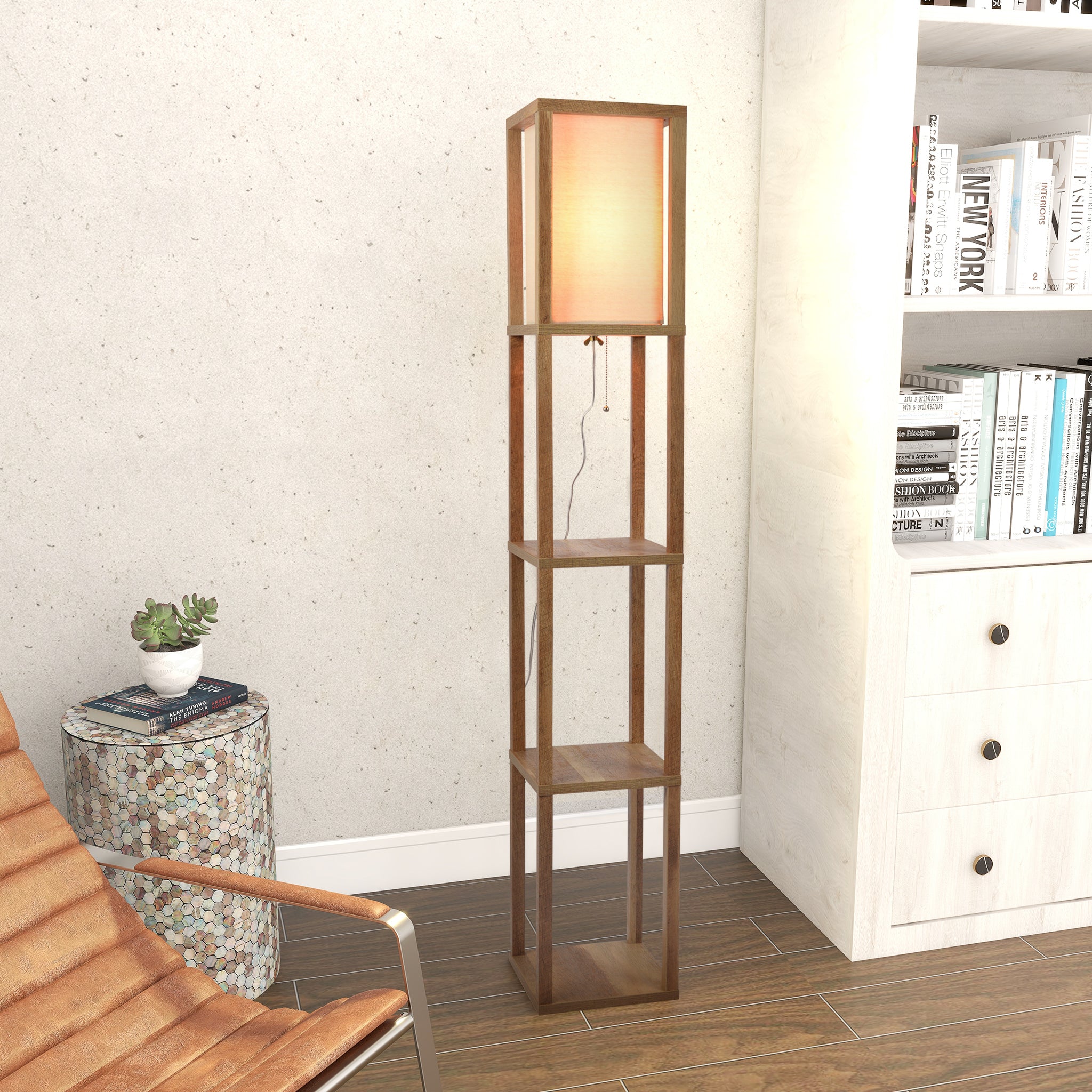 Pinnacle Shelf Floor Lamp For Bedroom/Living Room, Natural Wood with Long Shade - MidinMod