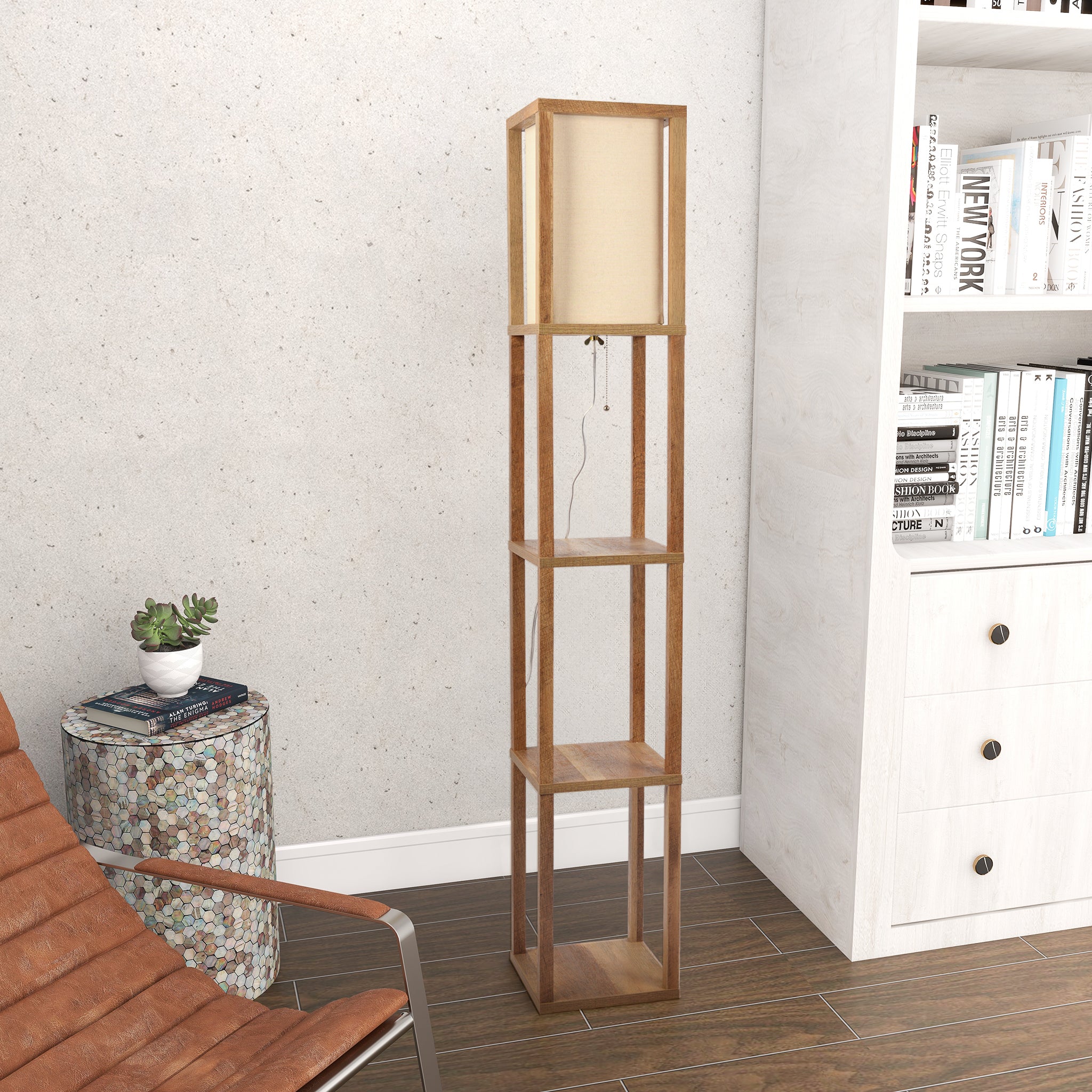 Pinnacle Shelf Floor Lamp For Bedroom/Living Room, Natural Wood with Long Shade - MidinMod