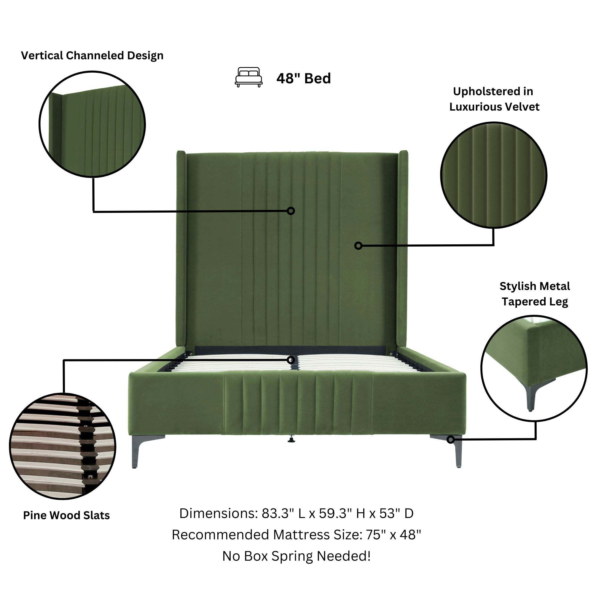 Promenade 53" Bed in Moss Green | Modern Upholstered Velvet Platform Bed | MidinMod