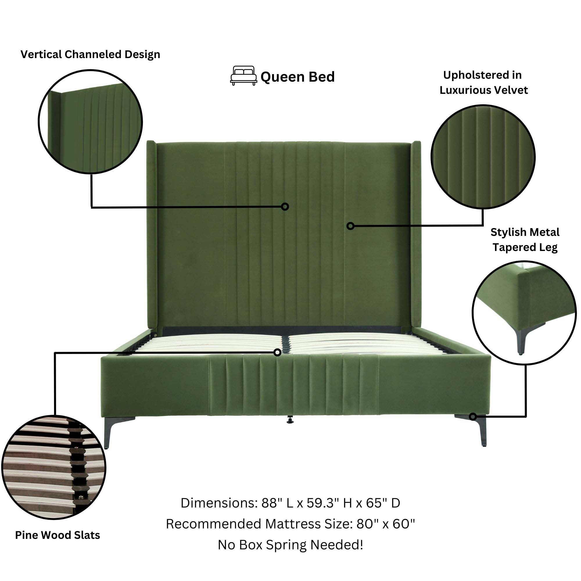 Promenade Queen Bed in Moss Green | Modern Upholstered Velvet Bed Frame | MidinMod