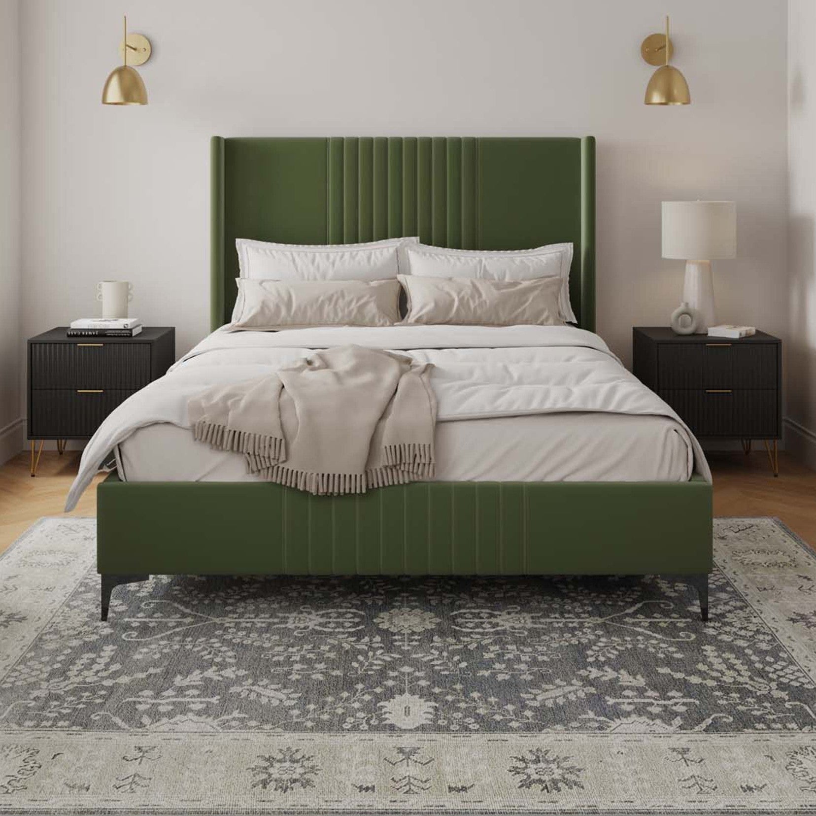 Promenade Queen Bed in Moss Green | Modern Upholstered Velvet Bed Frame | MidinMod