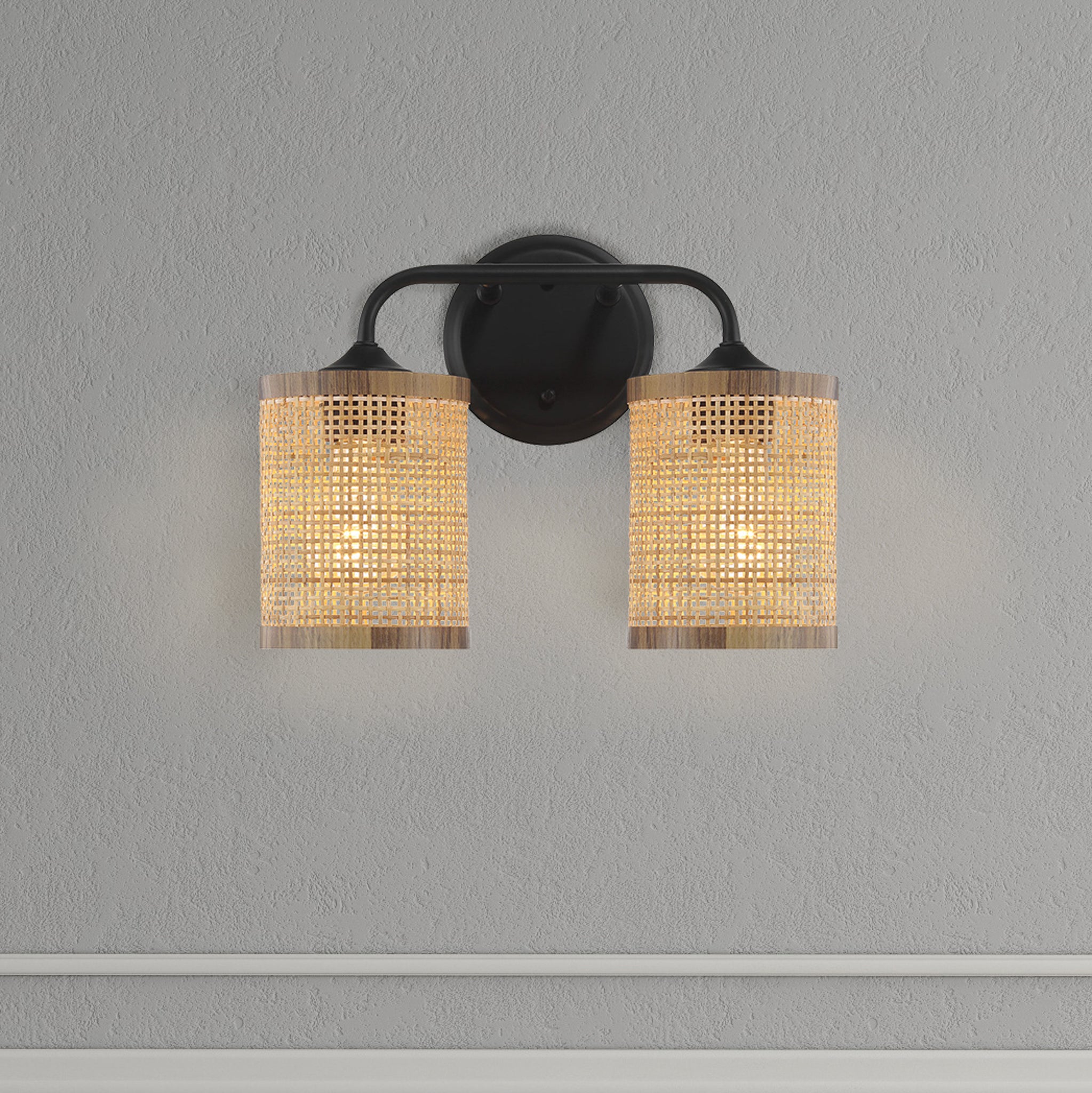 Quell Double Light Vanity With Natural Rattan Shade Wall Lamp - MidinMod