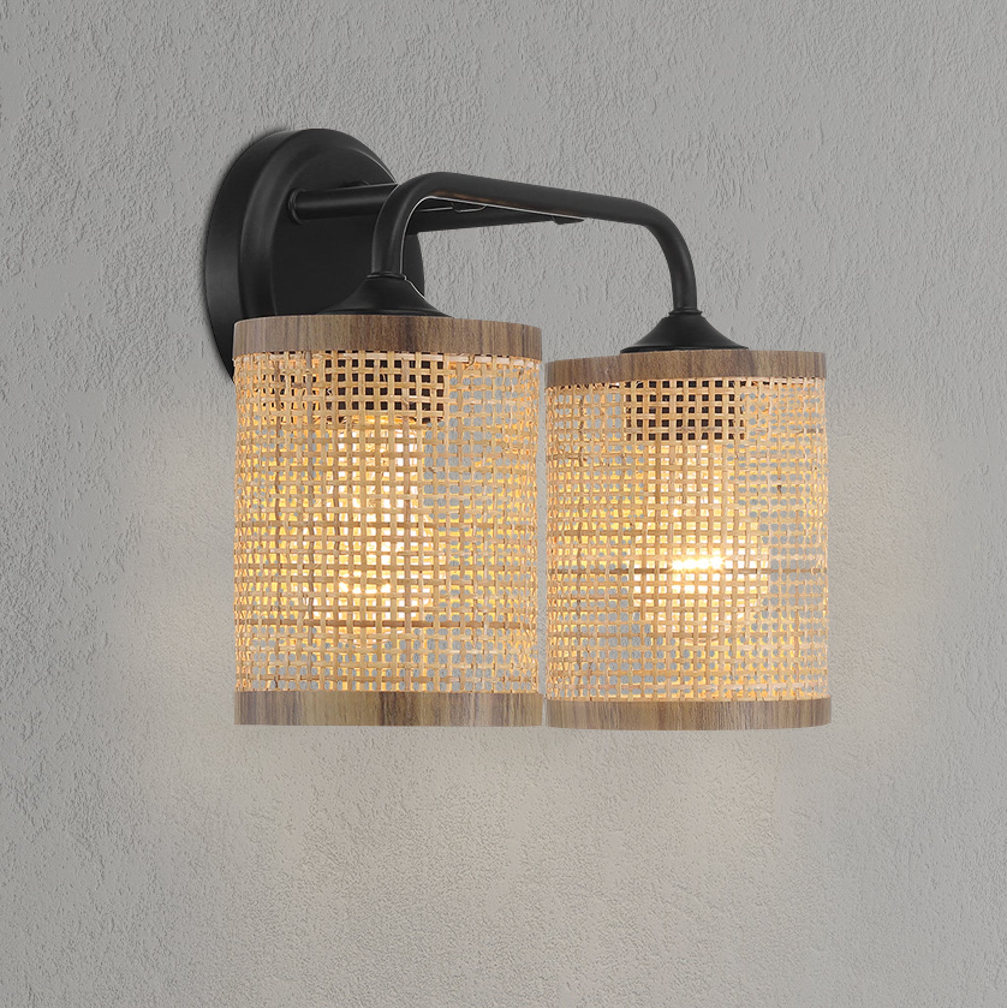 Quell Double Light Vanity With Natural Rattan Shade Wall Lamp - MidinMod