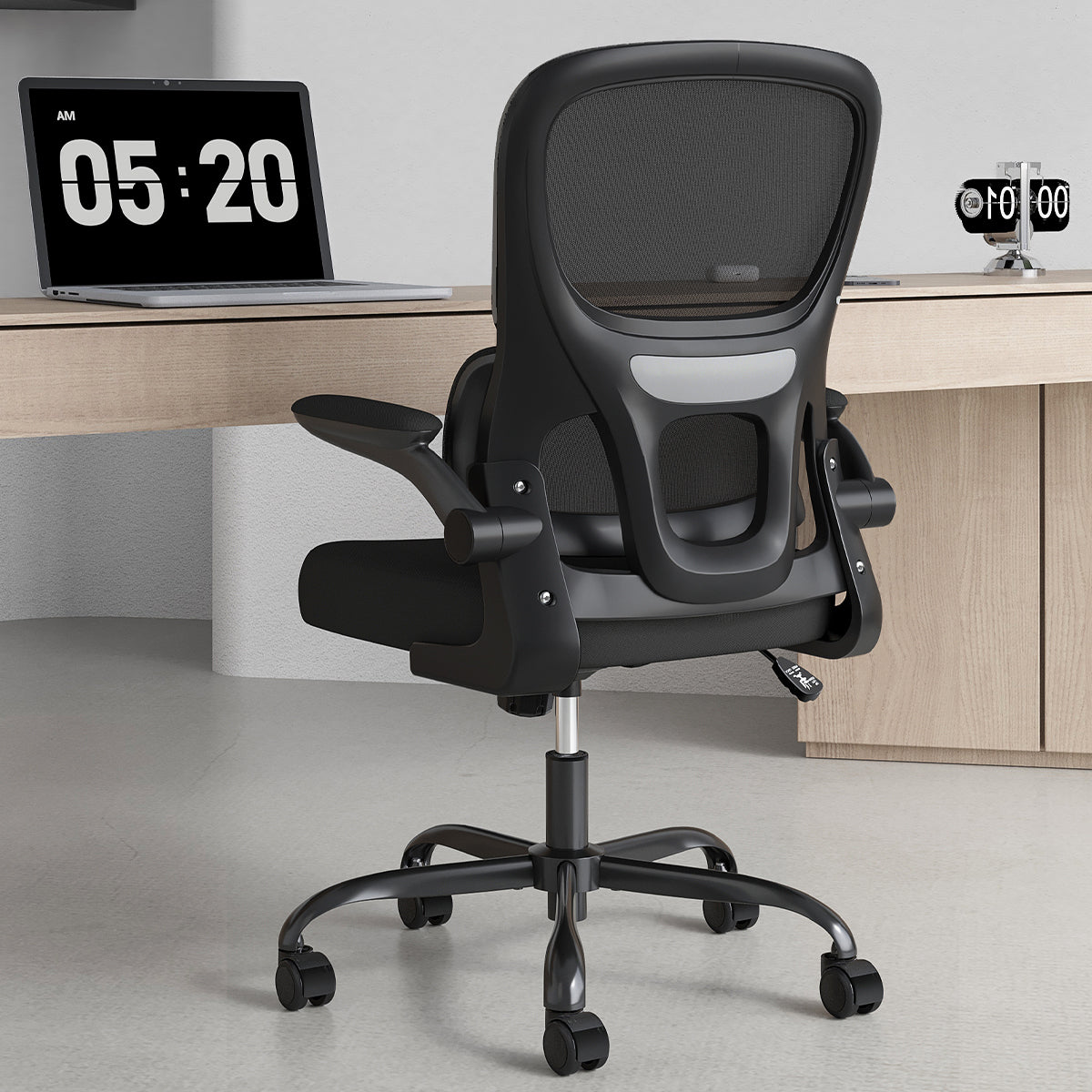 Render Ergonomic Black Mesh Office Chair with Lumbar Support and Flip-Up Arms - MidinMod