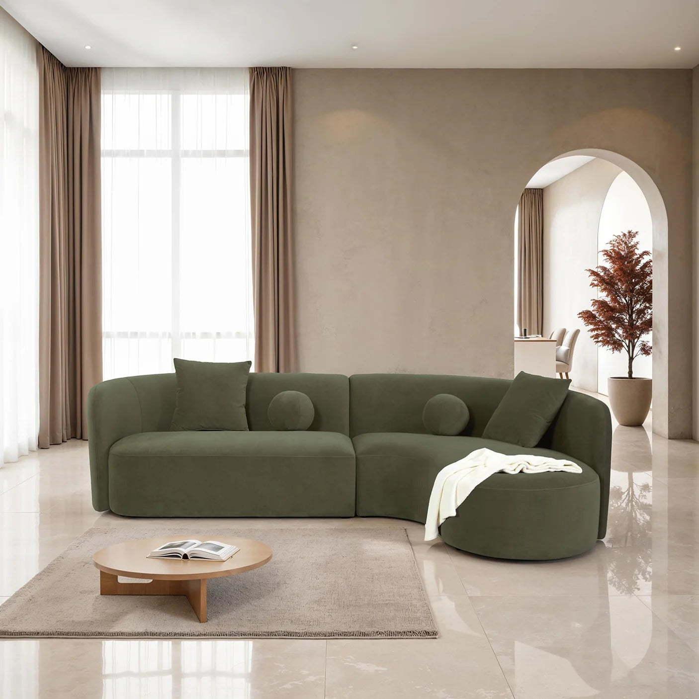 Revello Olive Green Sectional | Contemporary Solid Wood Chenille Sectional Sofa | MidinMod