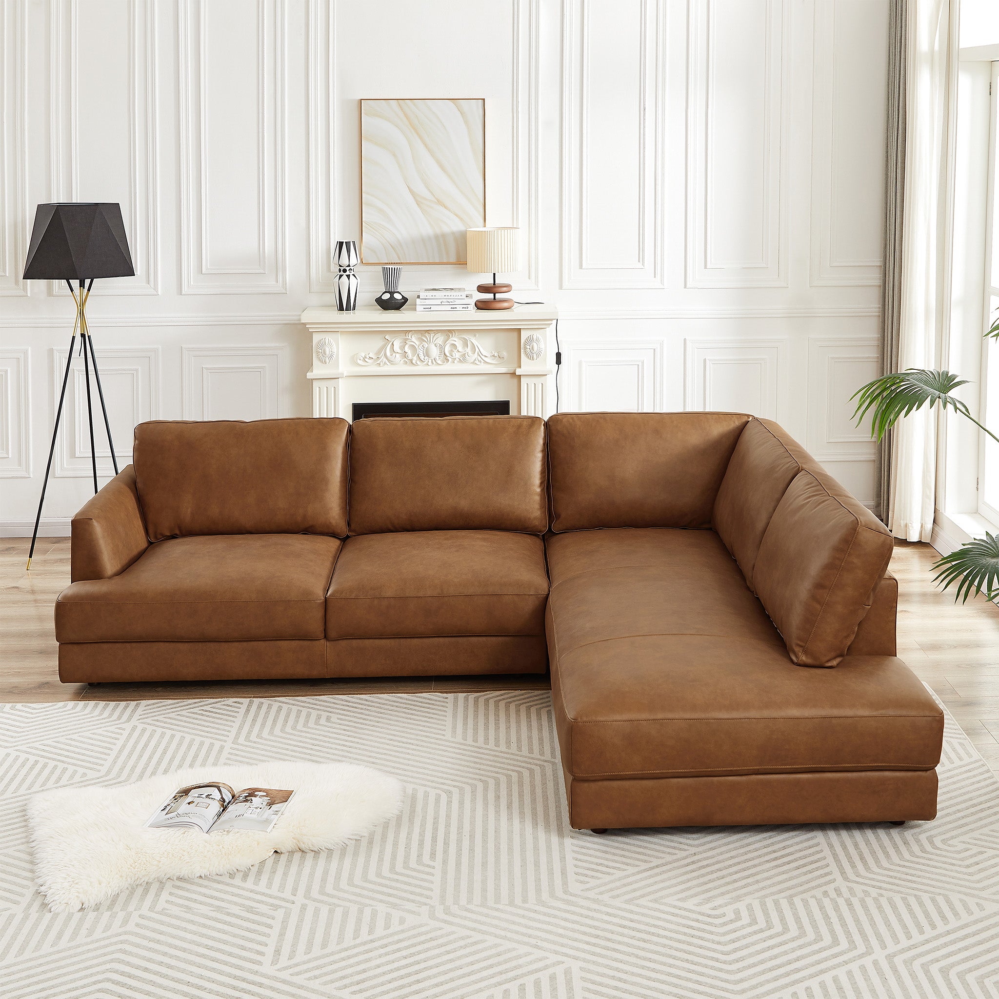 Glendale Cognac Leather Sectional Right - MidinMod