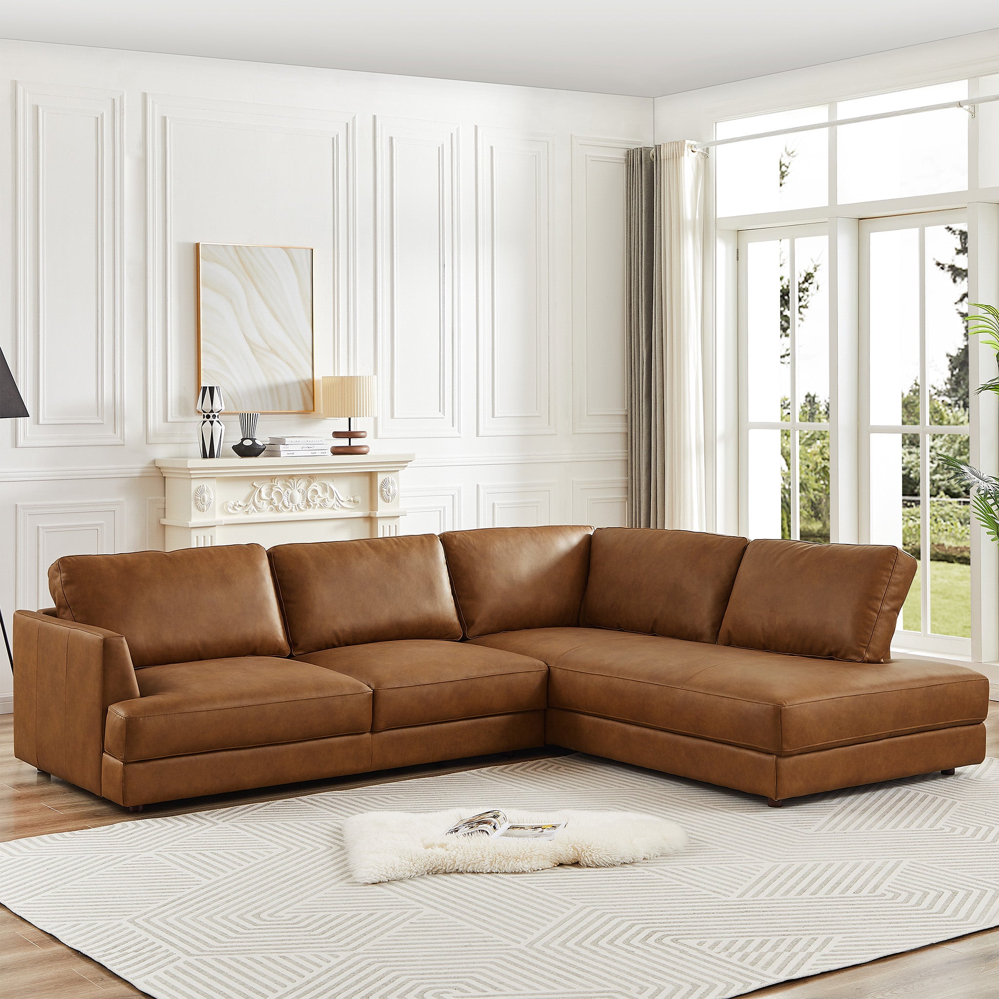 Glendale Cognac Leather Sectional Right - MidinMod