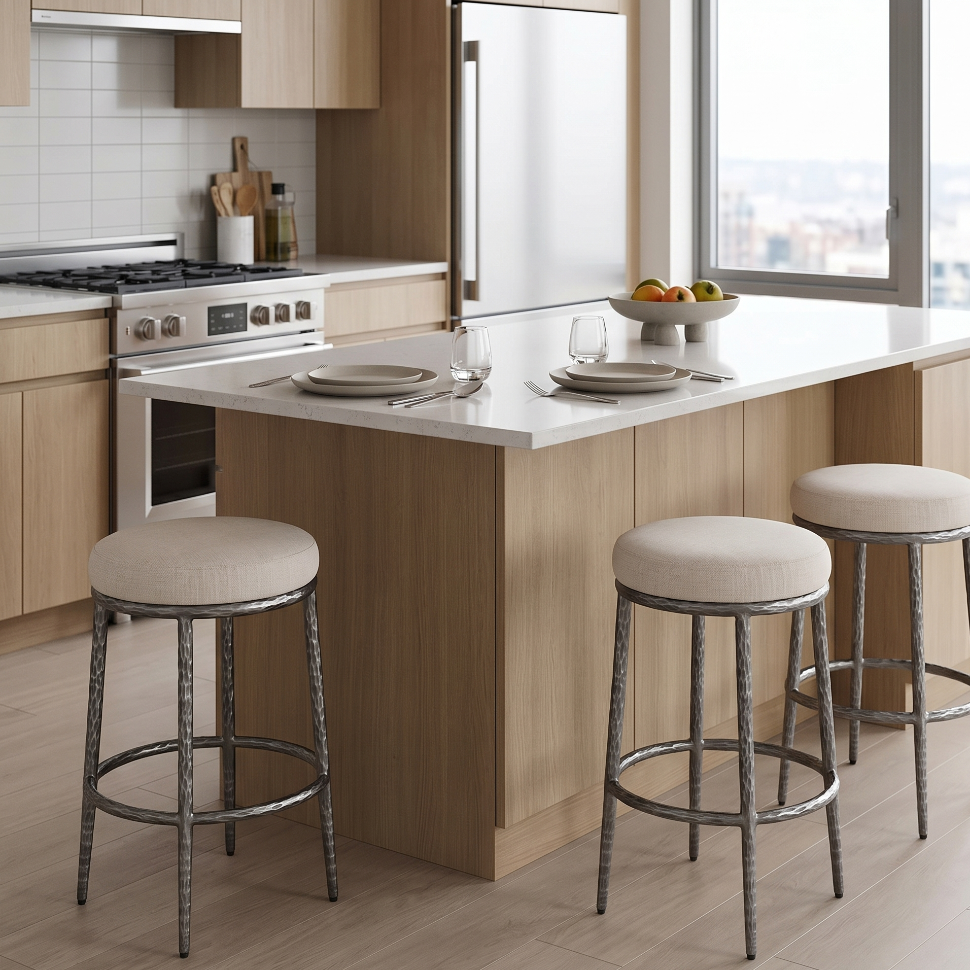 Rilva Contemporary Gunmetal 26.5-Inch Backless Round Counter Height Stool with Linen White Fabric