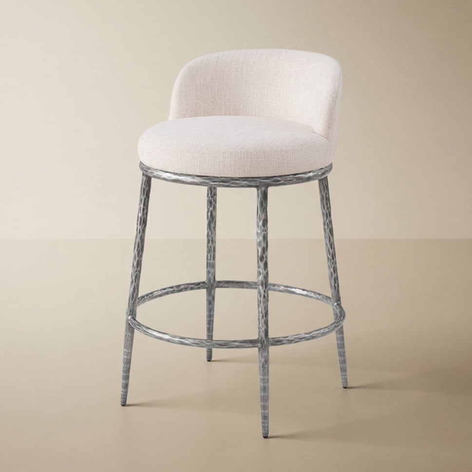 Rilva Contemporary Gunmetal Counter Height Stool with Linen White Fabric