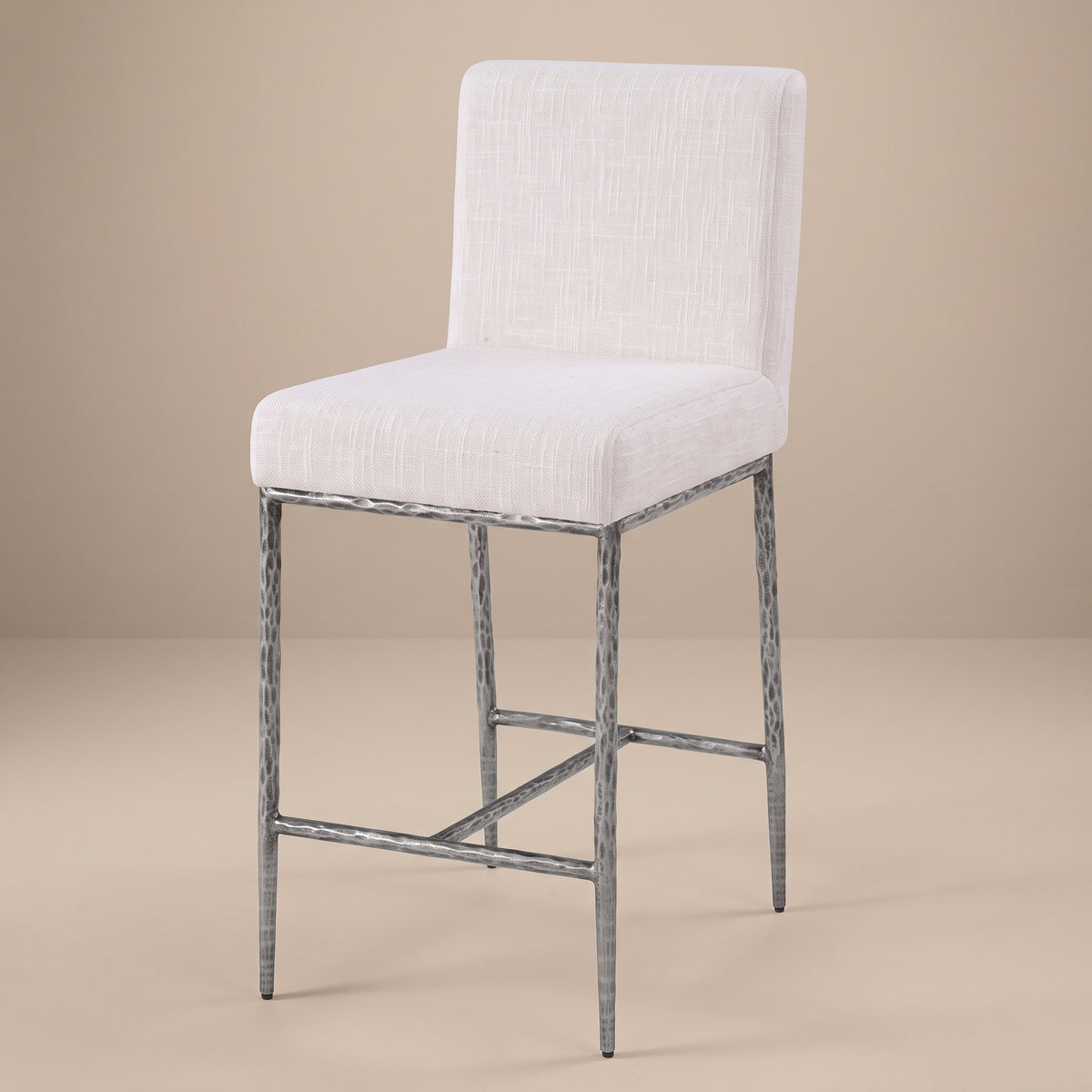 Rilva Contemporary Gunmetal and White Counter Height Stool with Linen White Fabric