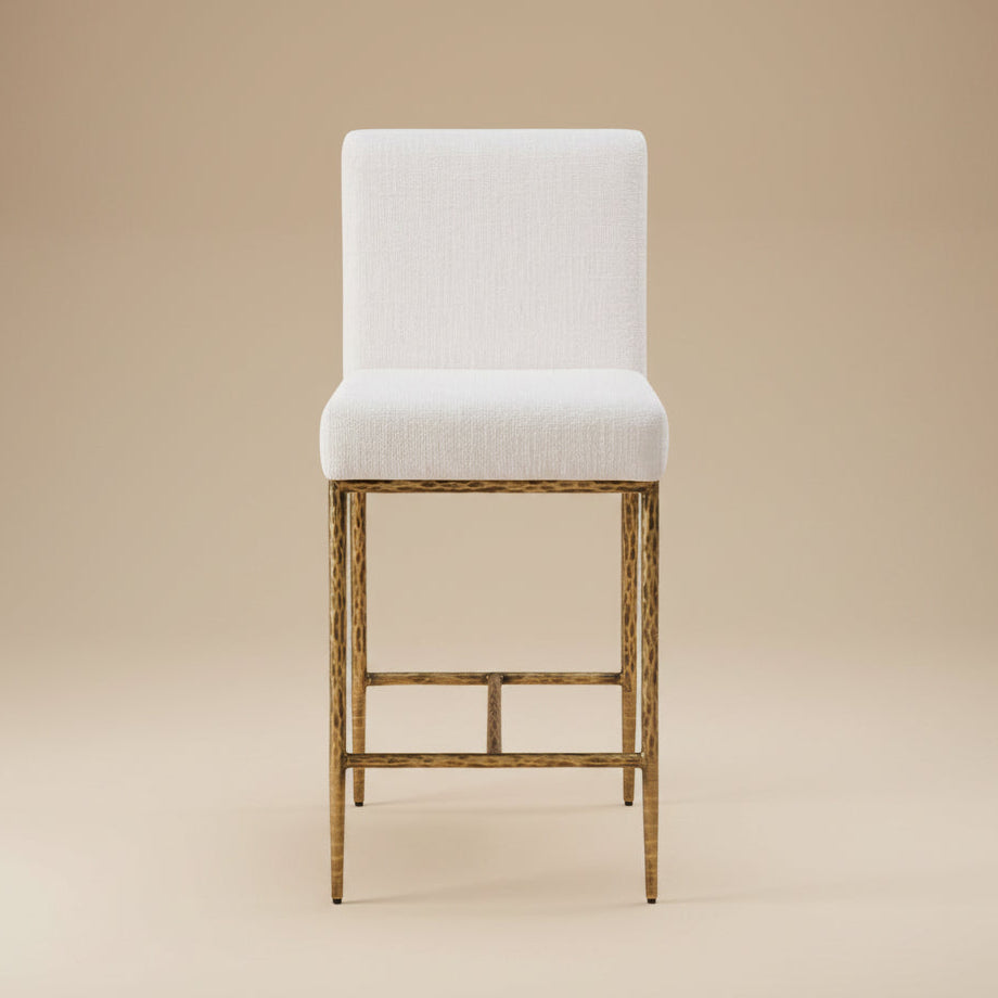 Rilva Contemporary White and Matte Gold Counter Height Stool with Linen White Fabric