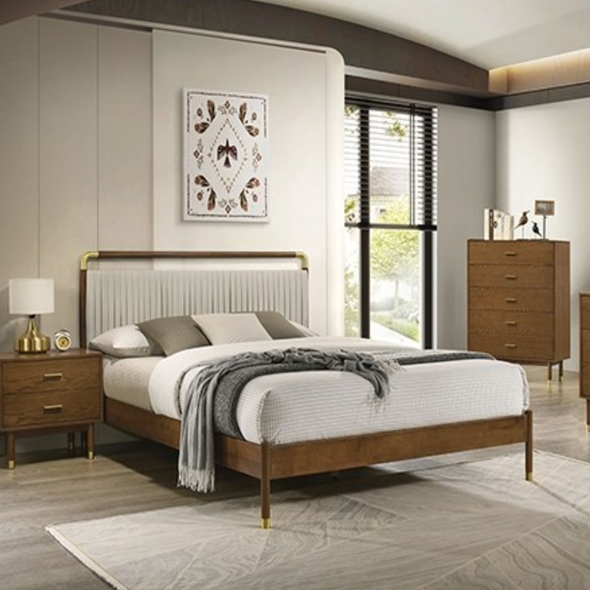Ripley Walnut Queen Bed | Mid-Century Modern Fabric & Gold Accent Platform Bed | MidinMod