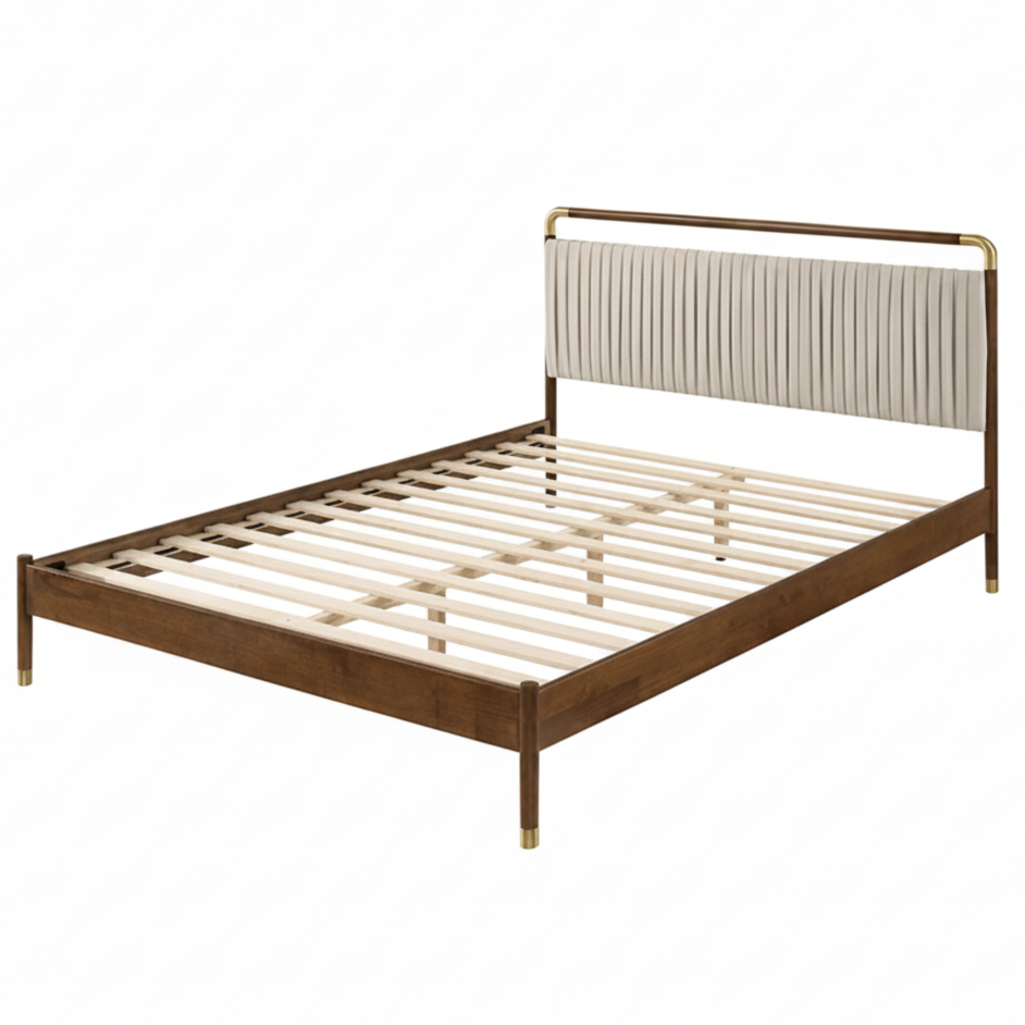 Ripley Walnut Queen Bed | Mid-Century Modern Fabric & Gold Accent Platform Bed | MidinMod