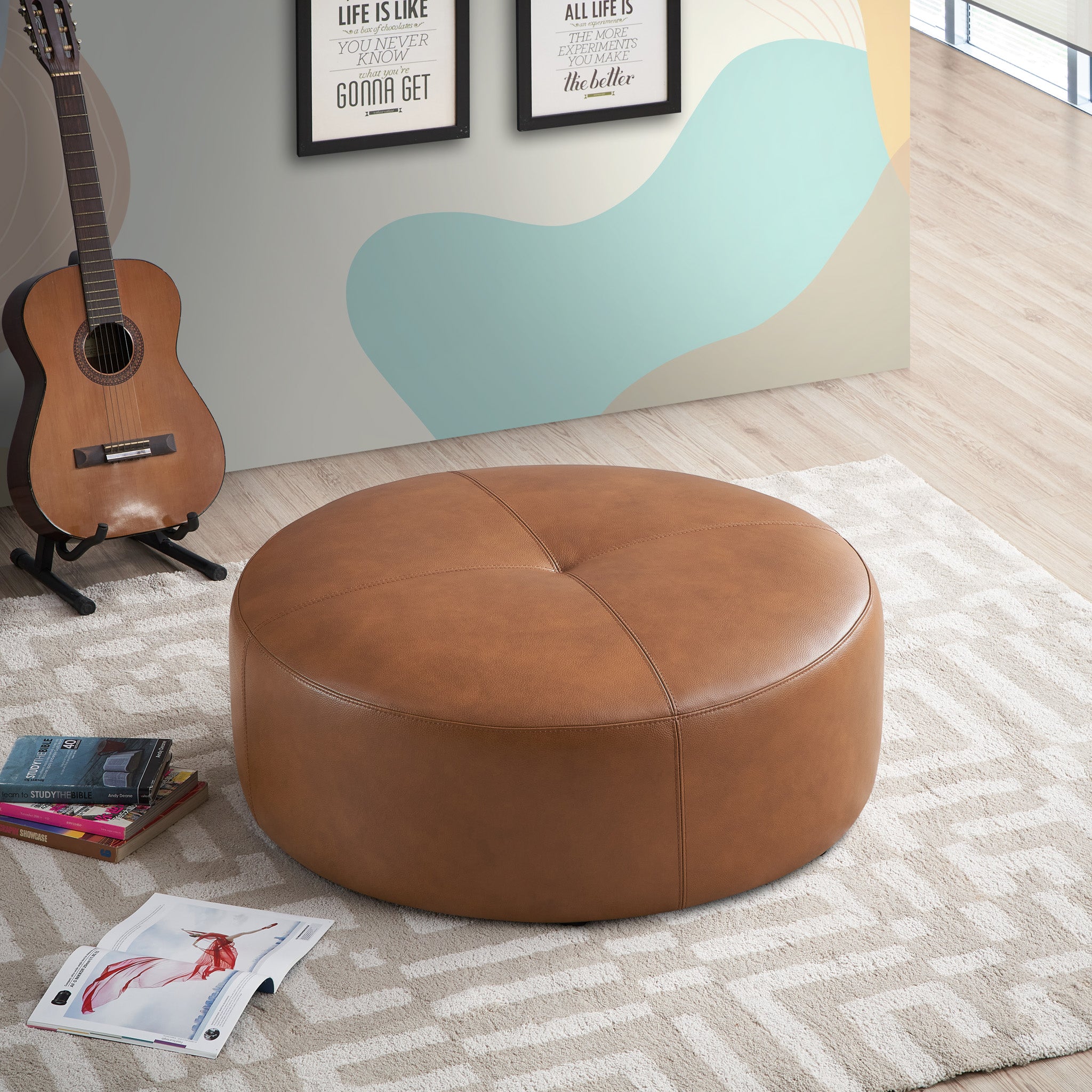 Rochelle Tan Leather Ottoman - MidinMod