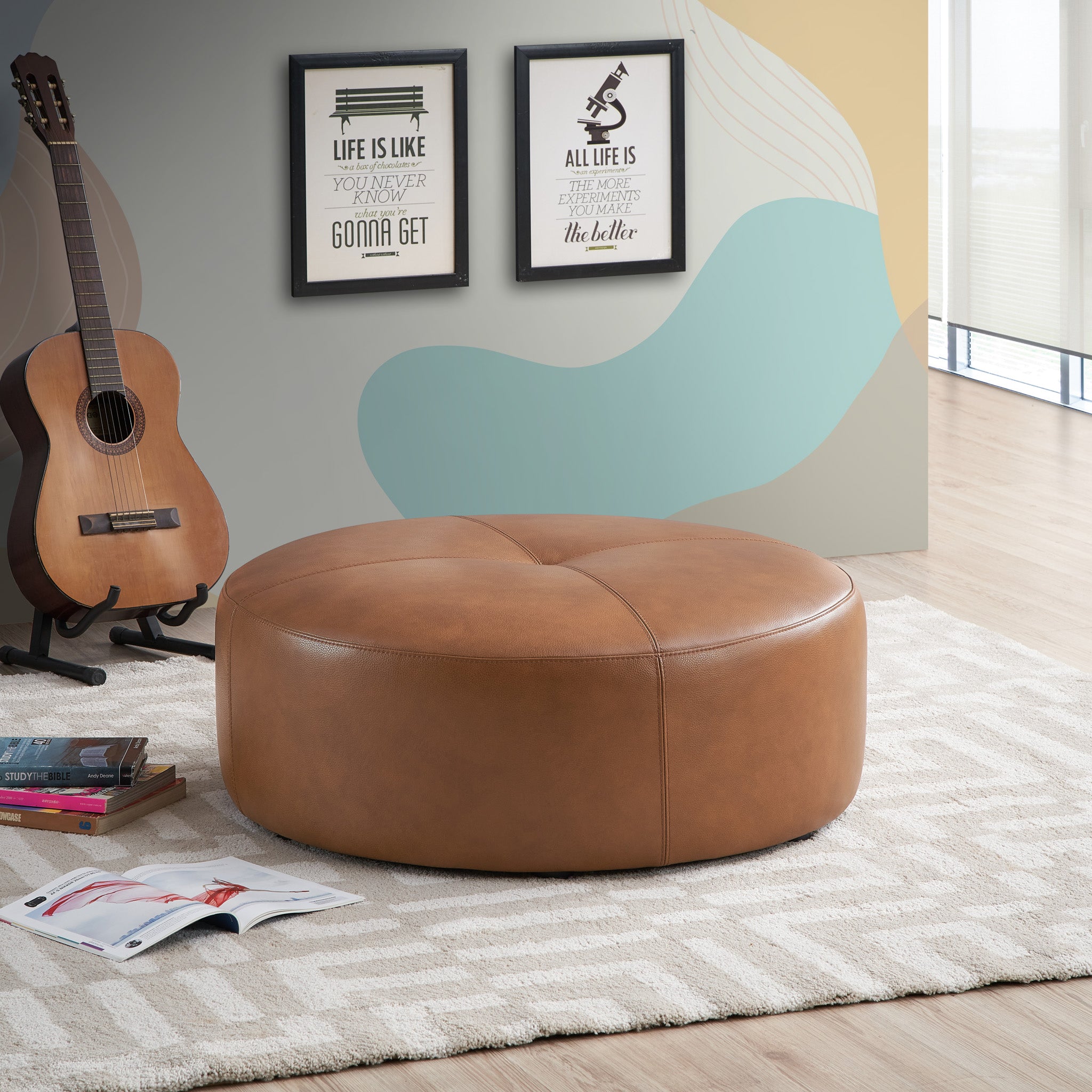 Rochelle Tan Leather Ottoman - MidinMod