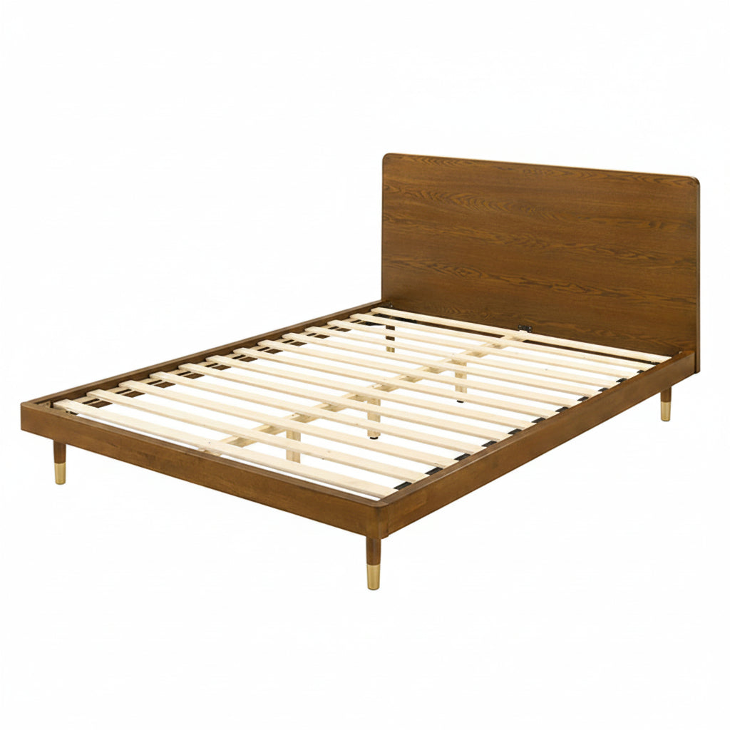 Romford Walnut Queen Bed | Mid-Century Modern Wood Platform Bed with Gold Accents | MidinMod