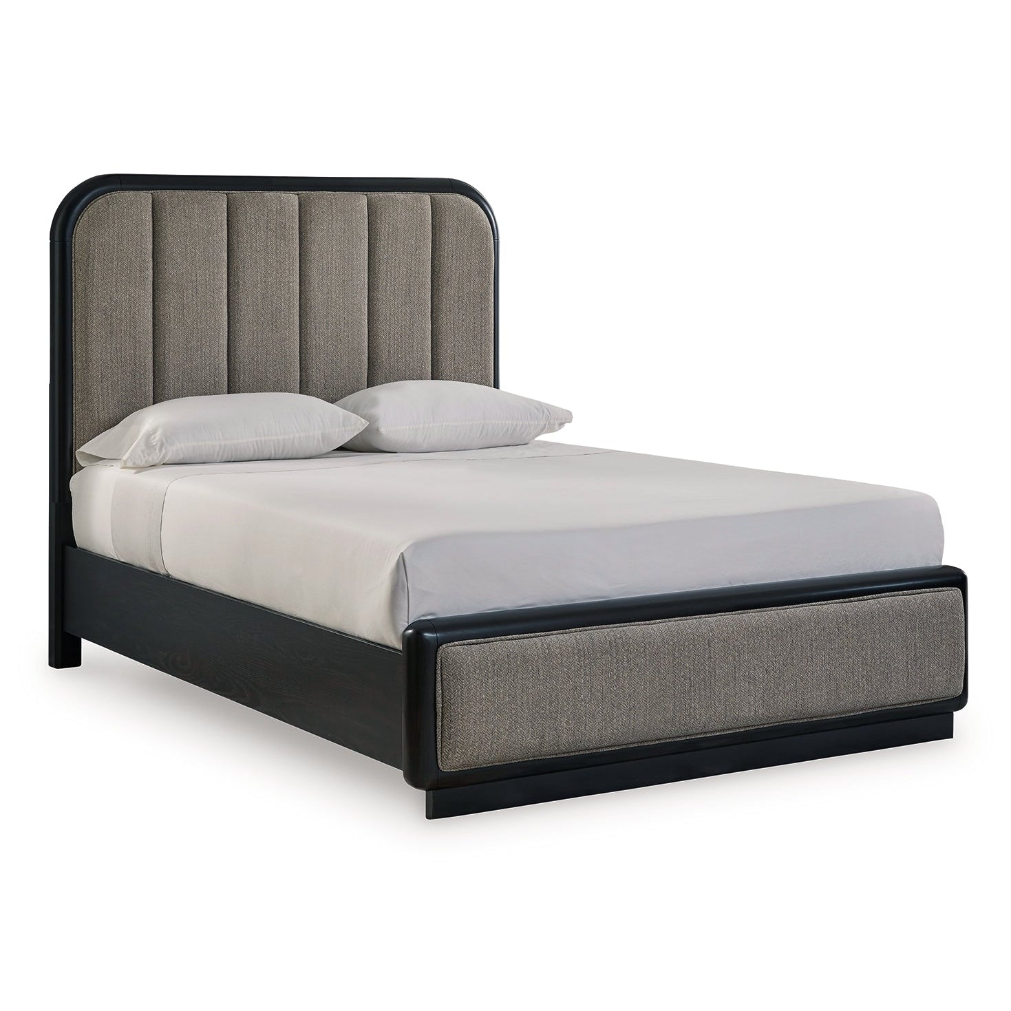 Rowanbeck Queen Upholstered Panel Bed with Mirrored Dresser