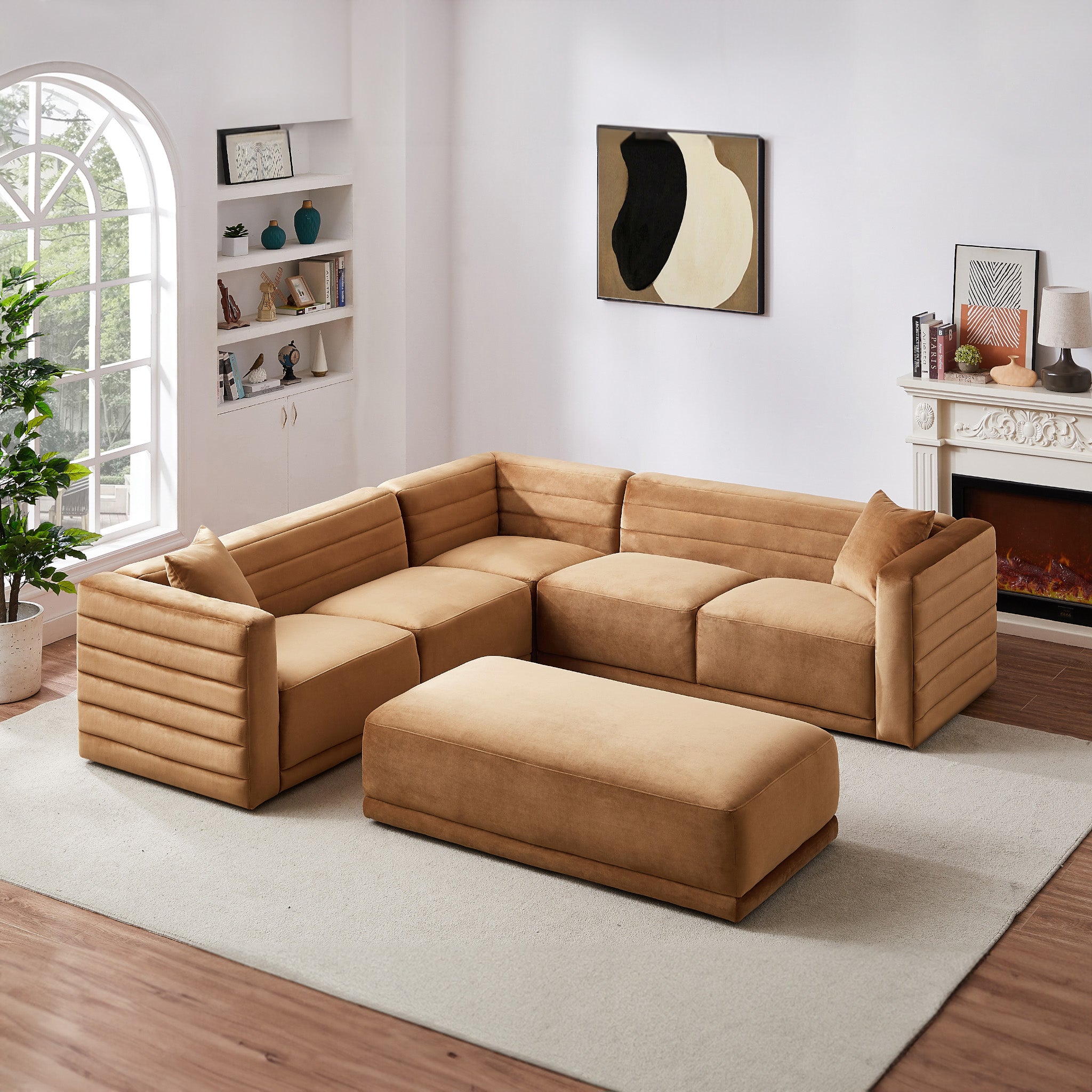 Soho Cognac Velvet Corner Sofa with Ottoman - MidinMod