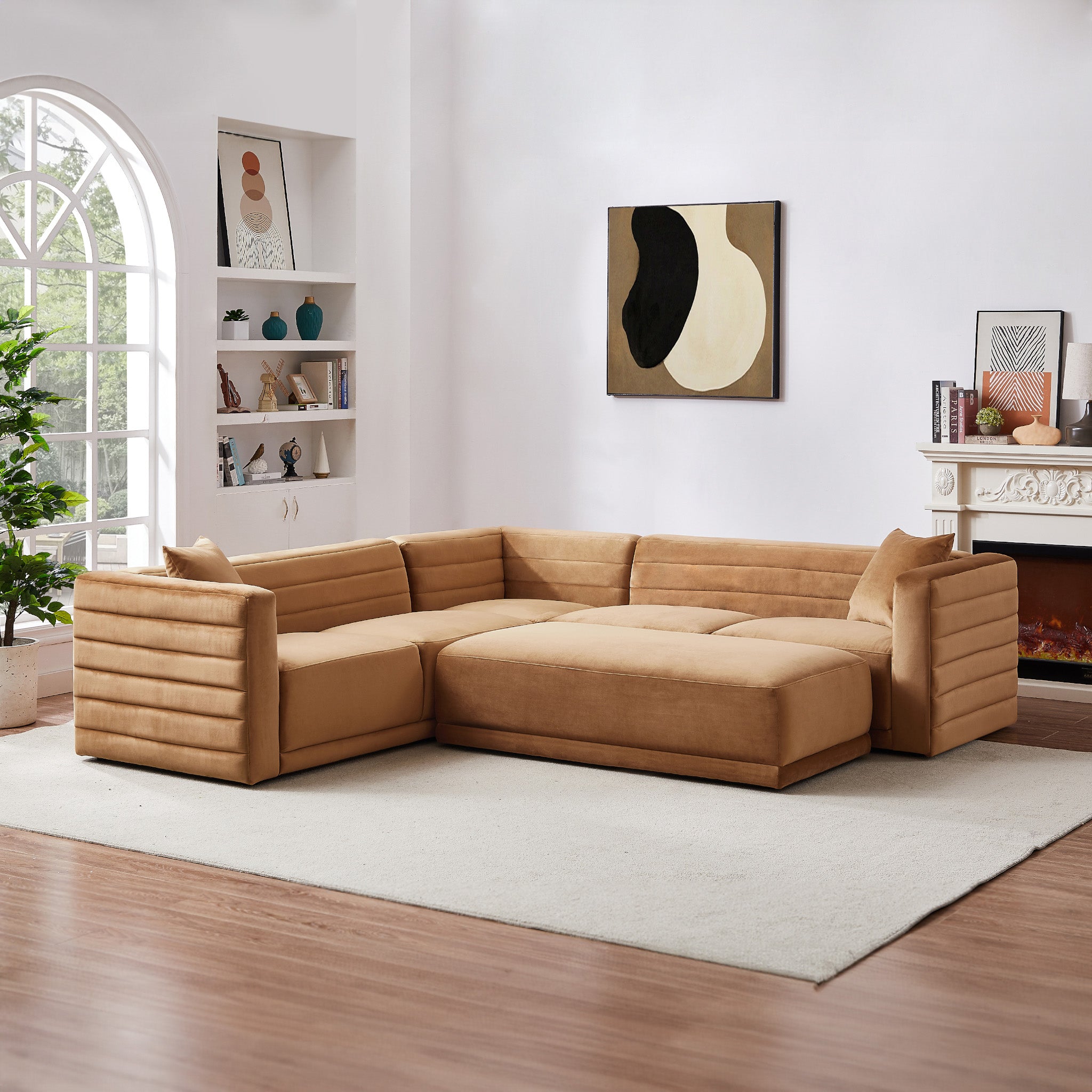 Soho Cognac Velvet Corner Sofa with Ottoman - MidinMod