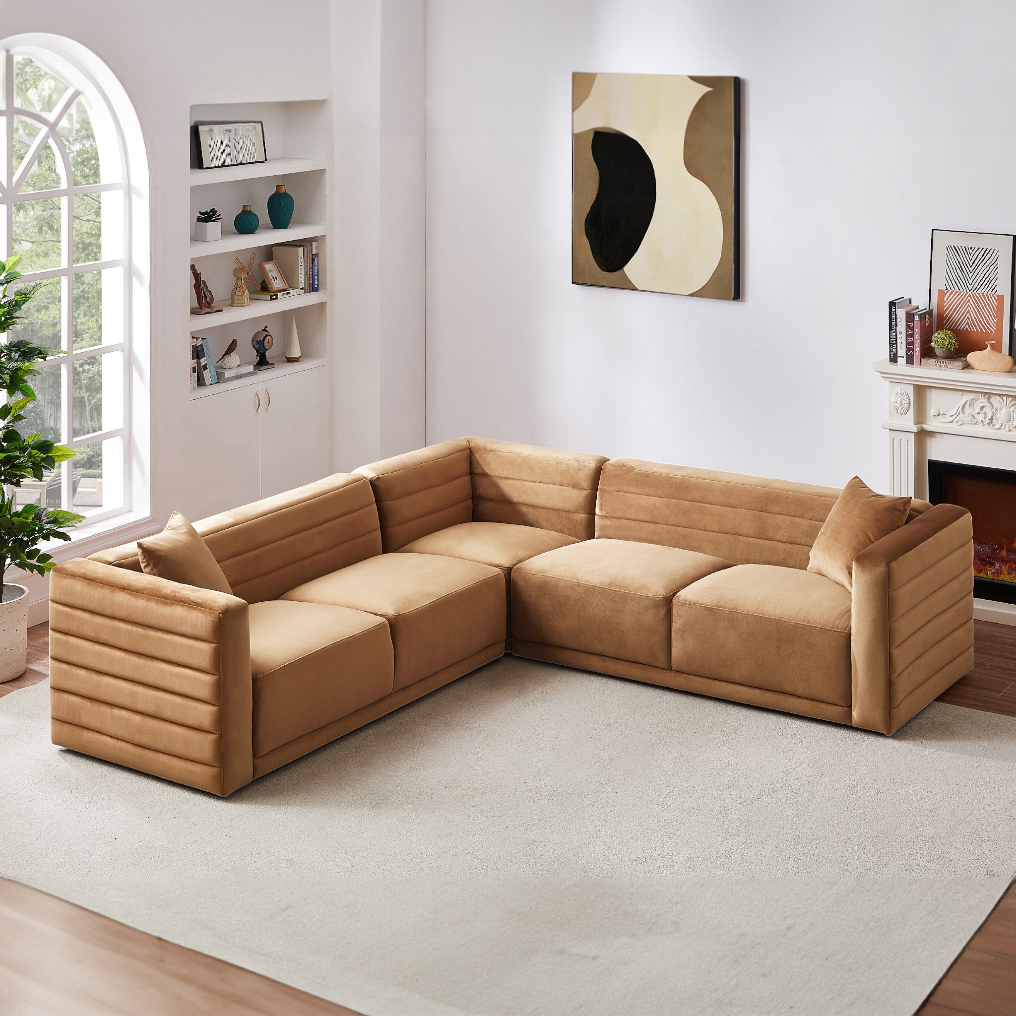 Soho Cognac Velvet Corner Sofa - MidinMod