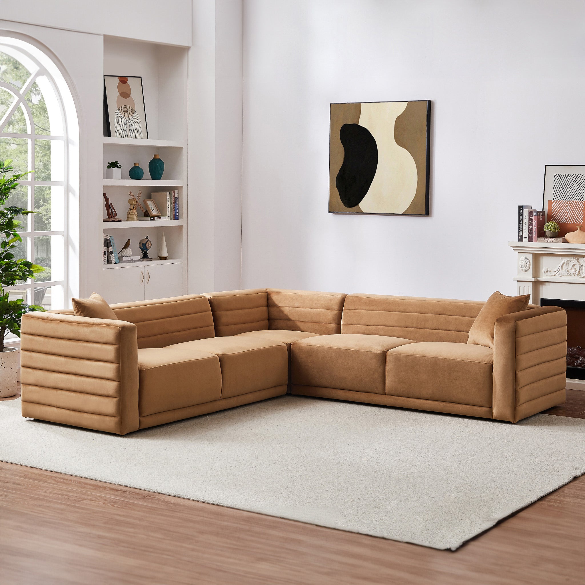 Soho Cognac Velvet Corner Sofa - MidinMod